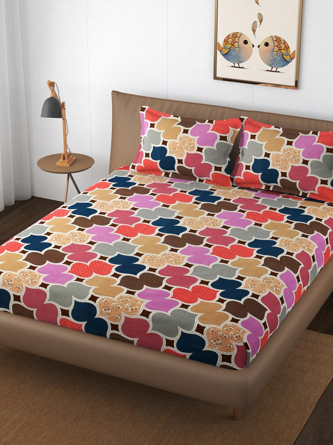 

Texstop Pink & Yellow Geometric Cotton 180 TC Queen Bedsheet With 2 Pillow Covers