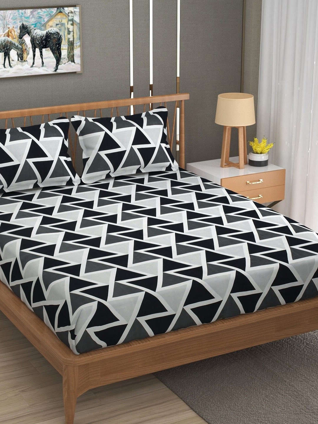 

Texstop Black & White Geometric Cotton 180 TC King Bedsheet With 2 Pillow Covers