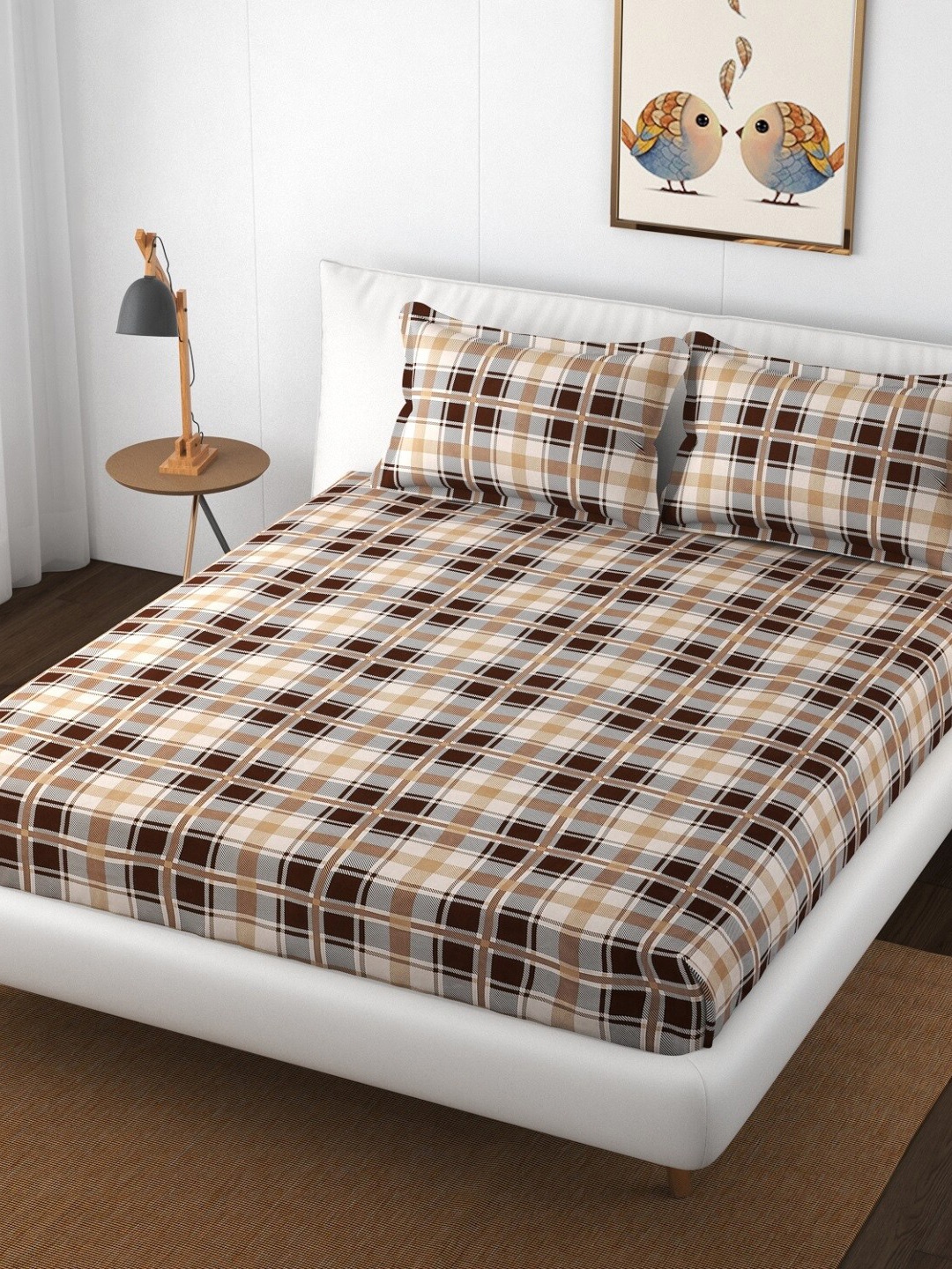 

Texstop White & Brown Geometric Cotton 180 TC Queen Bedsheet With 2 Pillow Covers