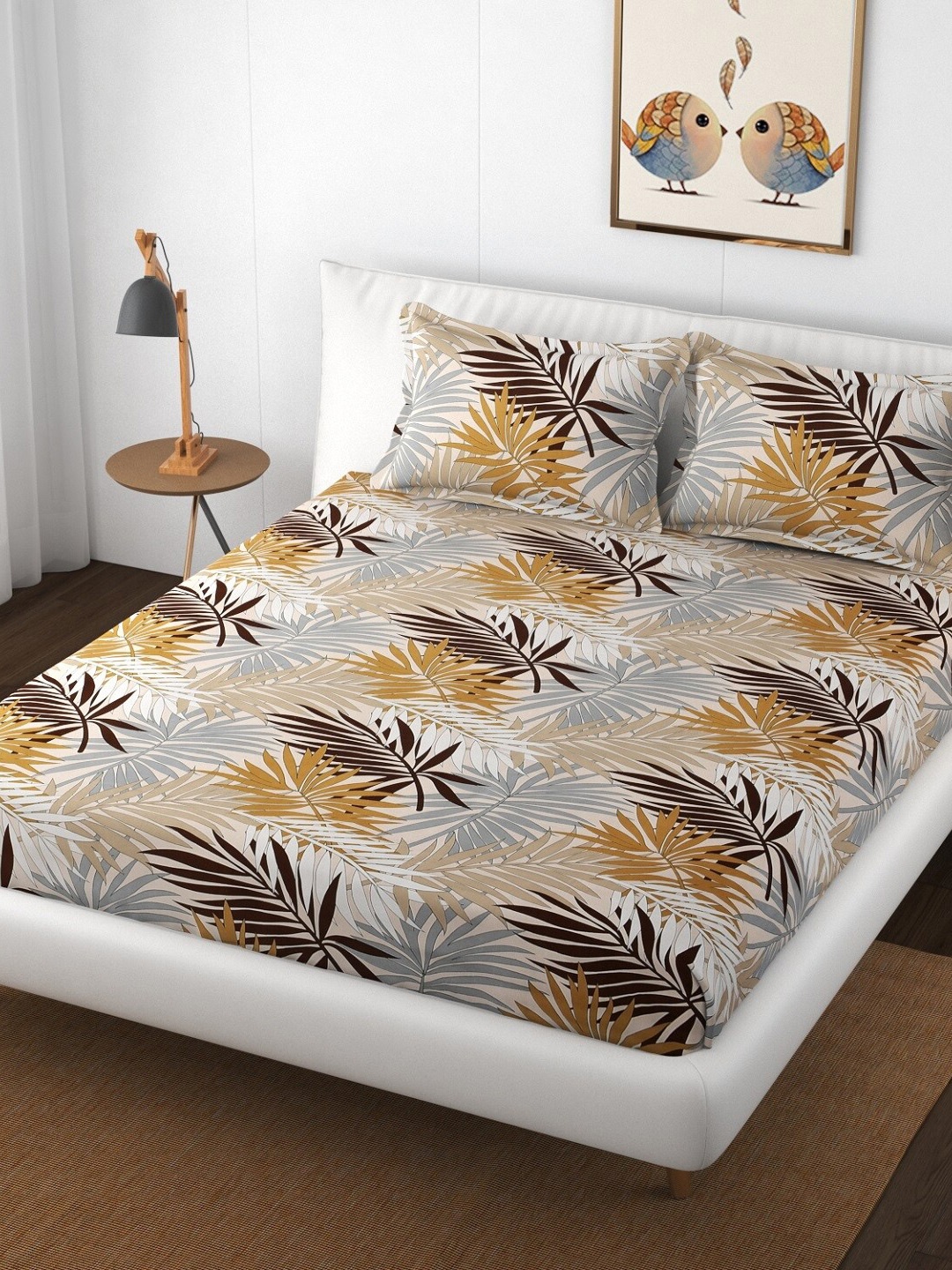 

Texstop Brown & Mustard Floral Printed Cotton 180 TC Queen Bedsheet With 2 Pillow Covers