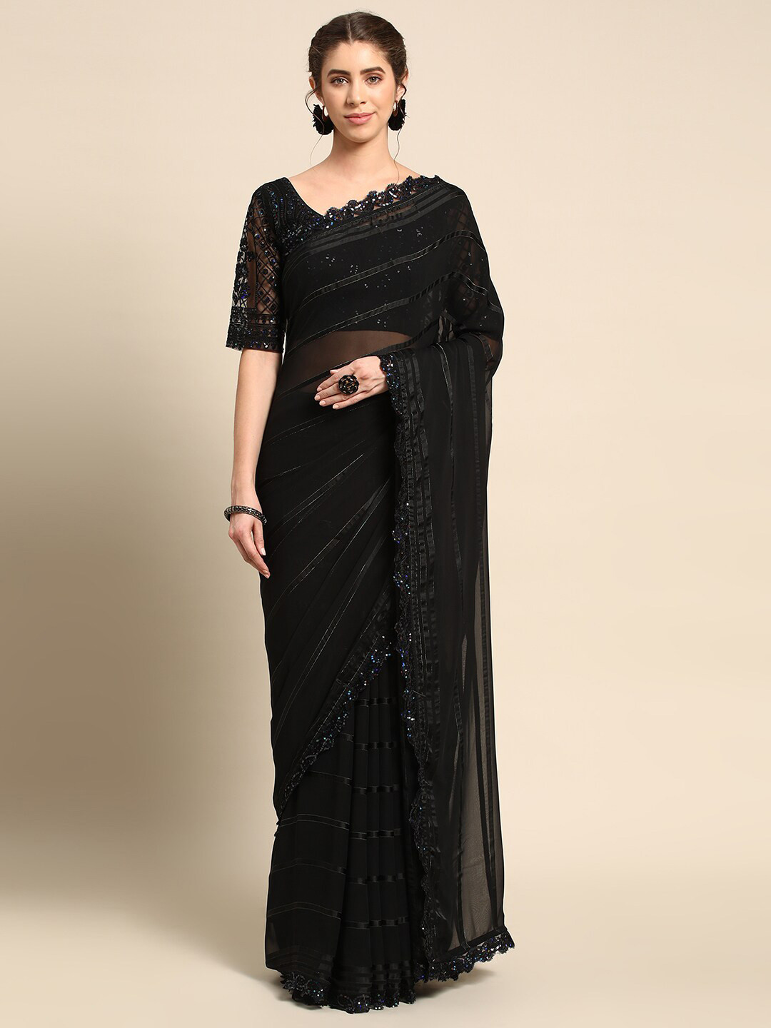 

all about you Black Striped Sequinned Pure Silk Saree