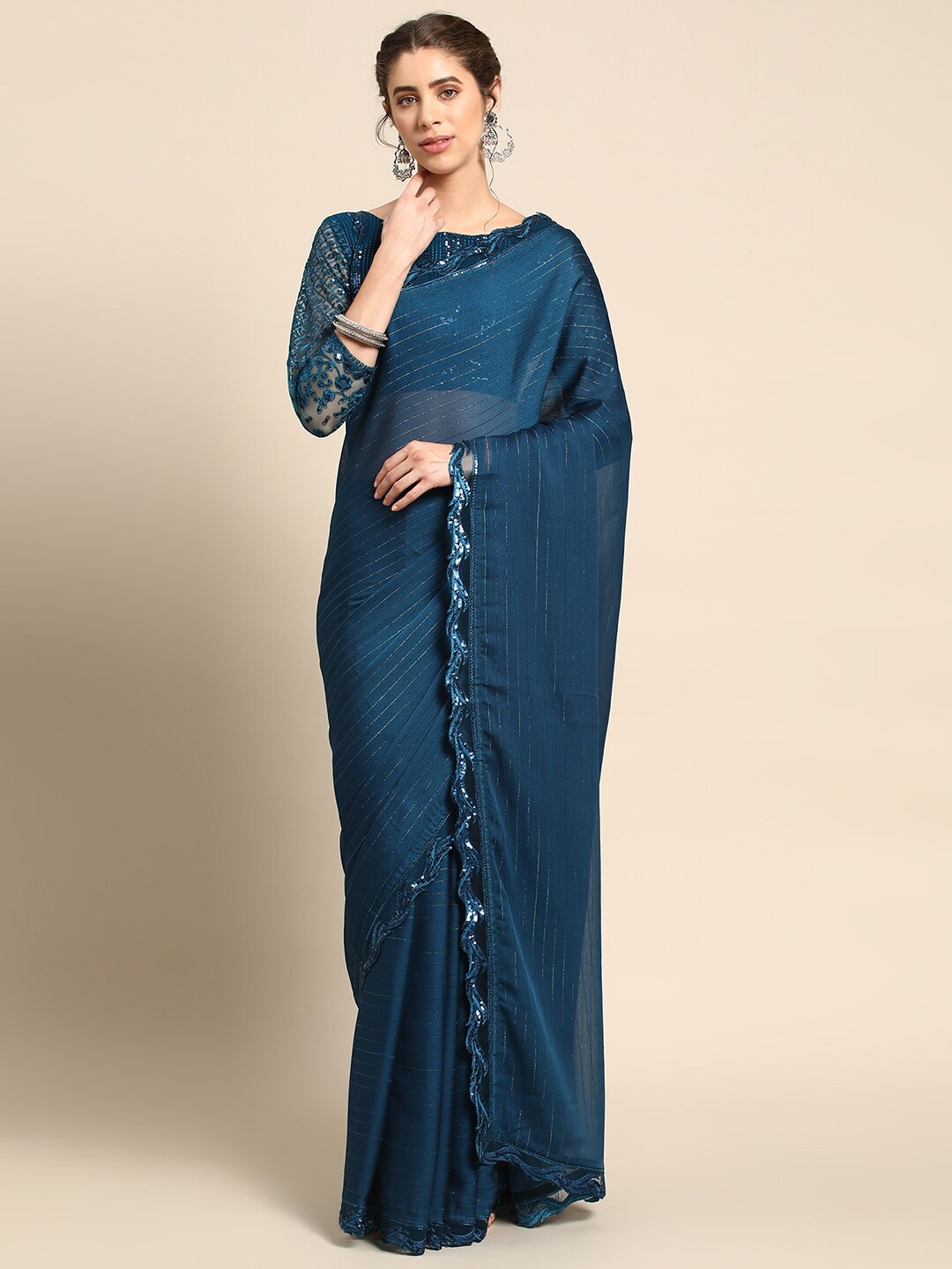 

all about you Blue Striped Sequinned Pure Silk Saree