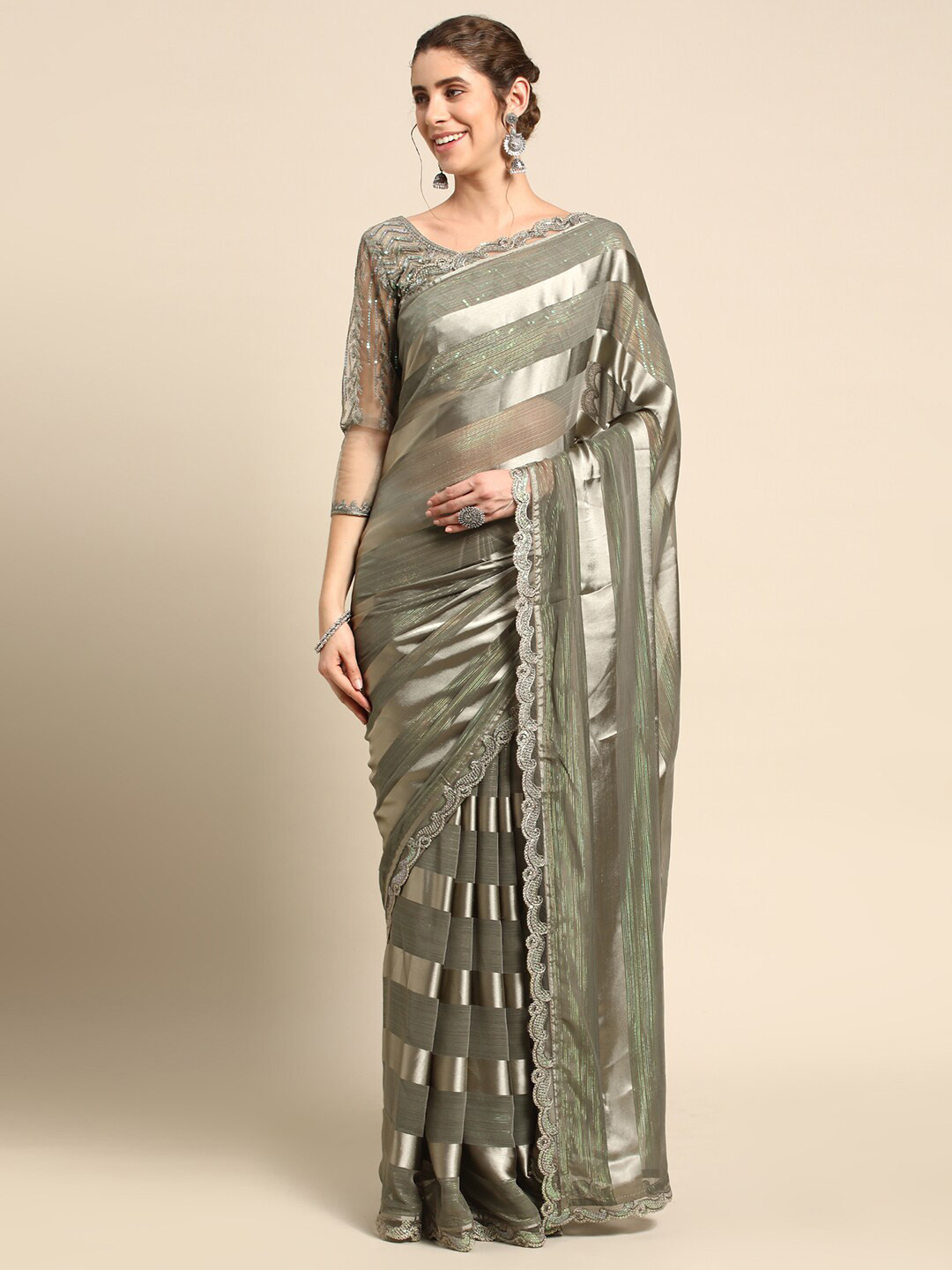 

all about you Grey Striped Sequinned Pure Silk Saree