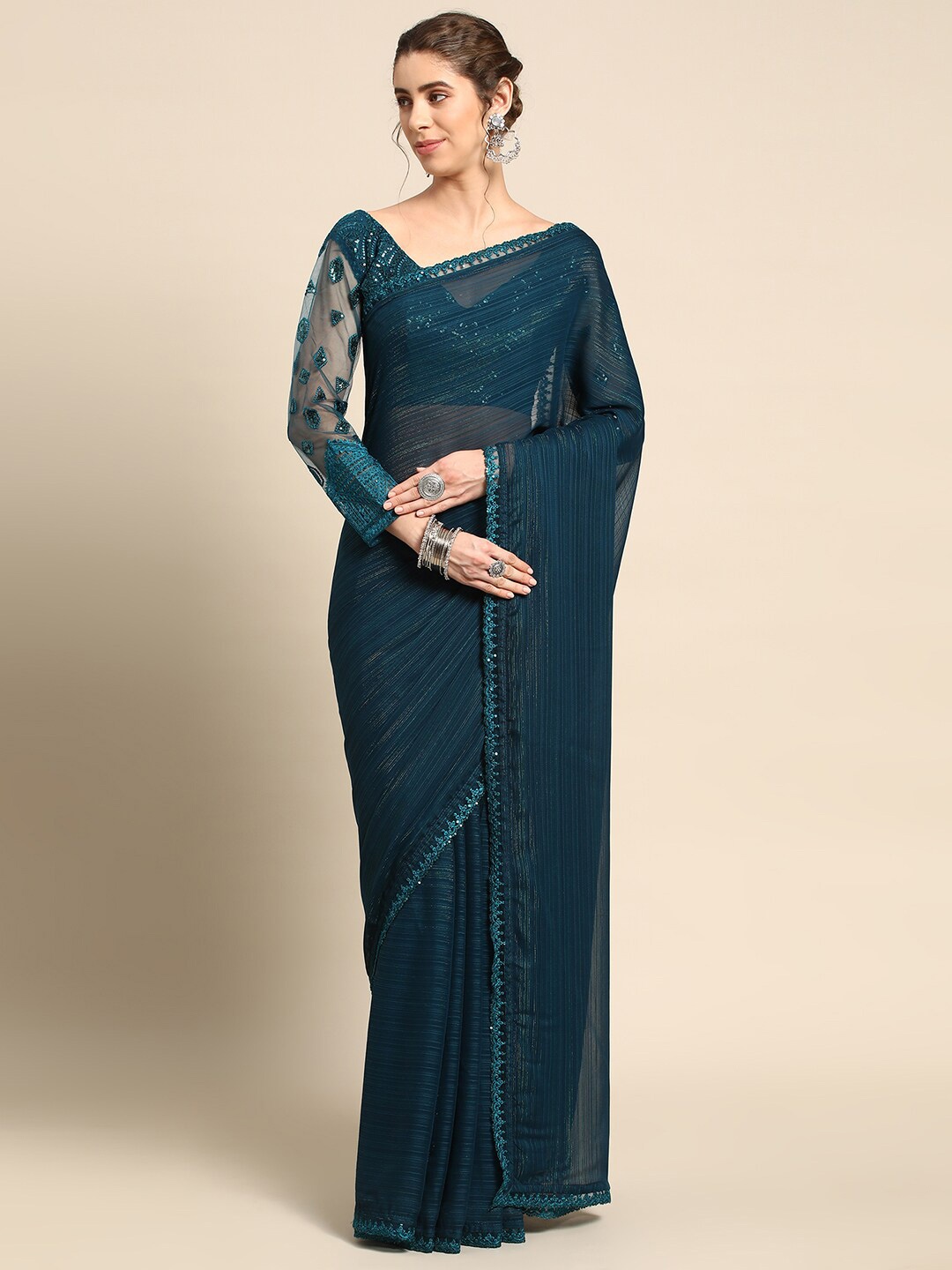 

all about you Teal Blue Striped Sequinned Pure Silk Saree