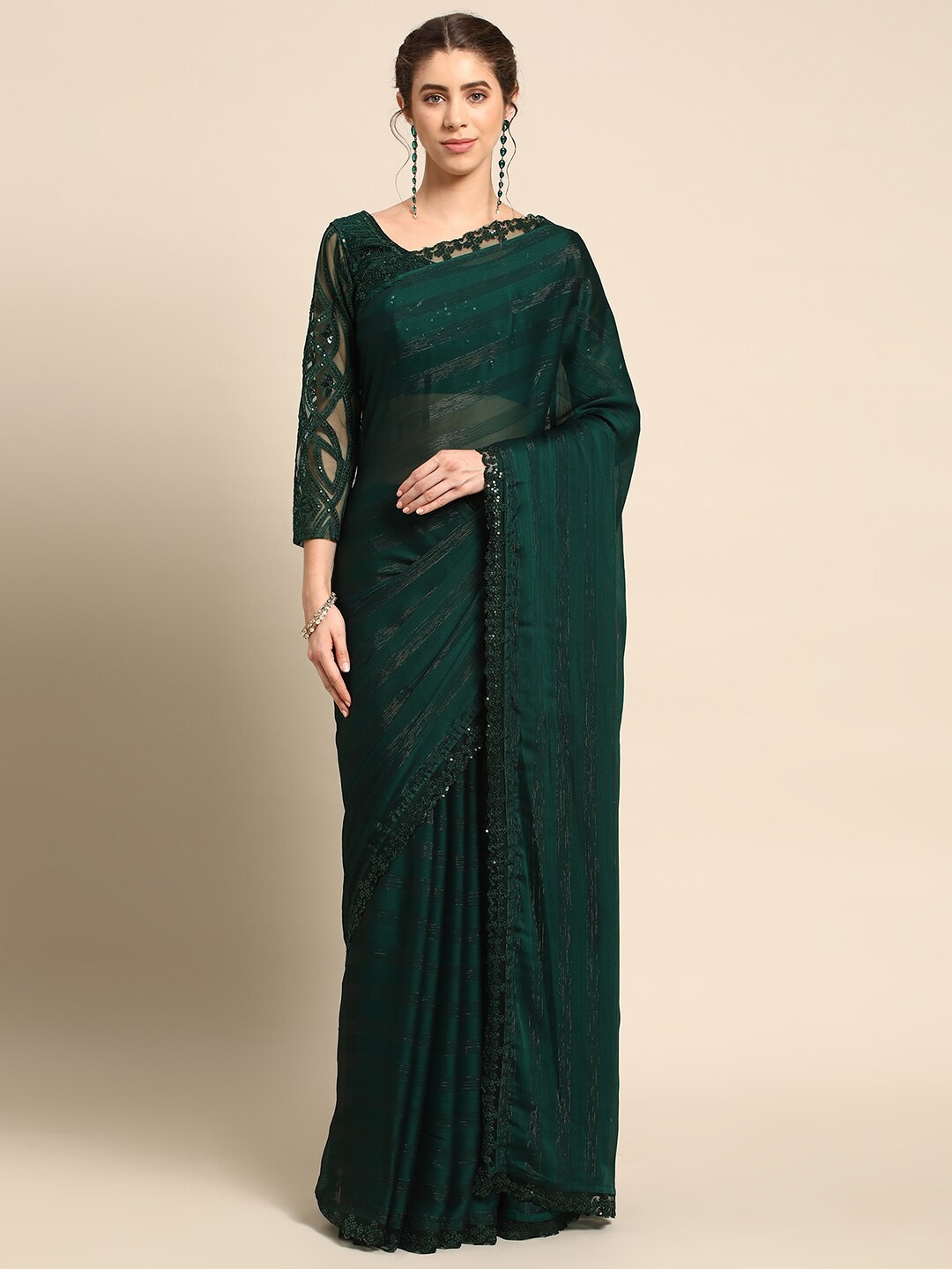 

all about you Green Striped Sequinned Pure Silk Saree