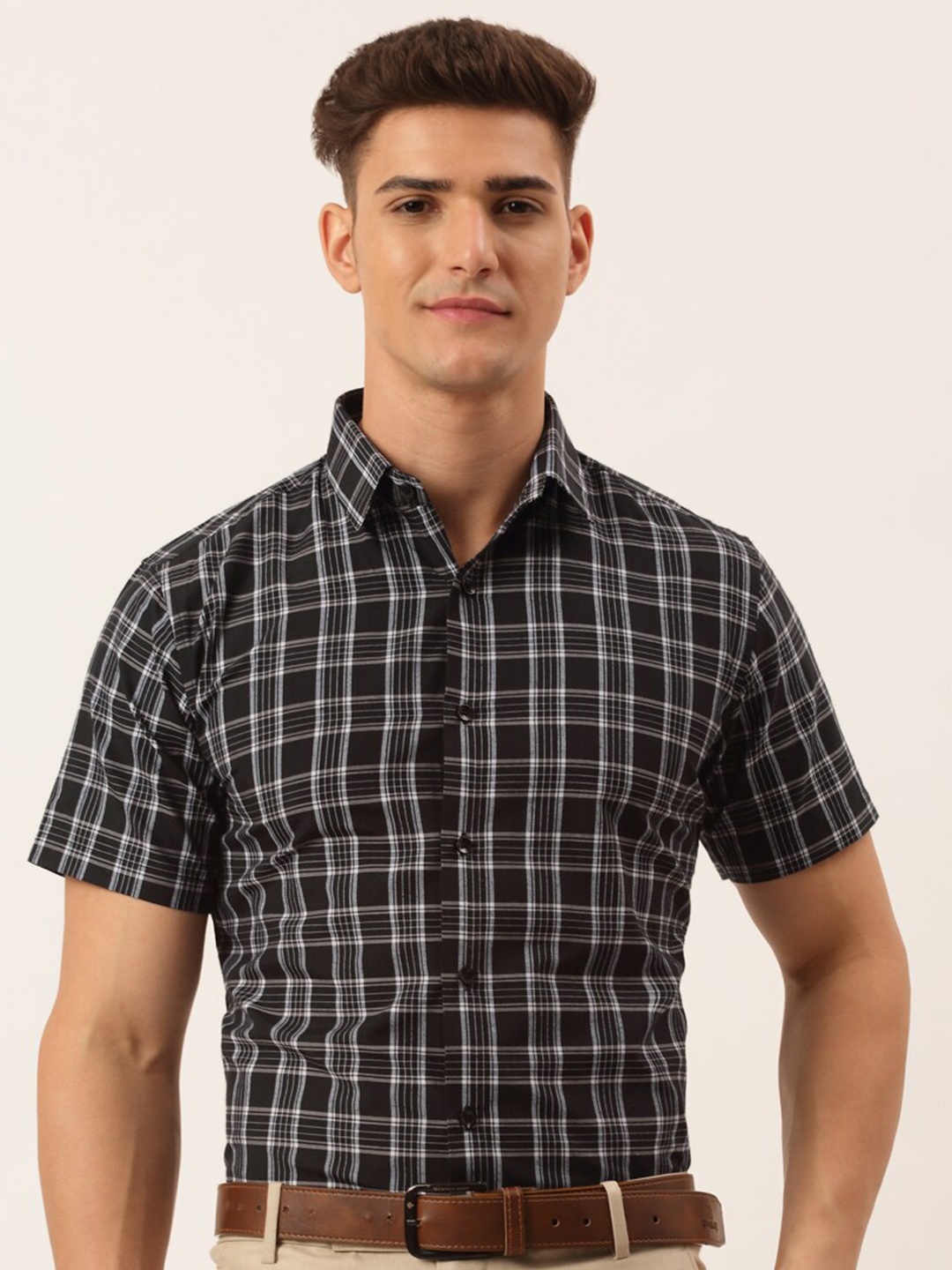 

JAINISH Classic Tartan Checked Pure Cotton Formal Shirt, Black