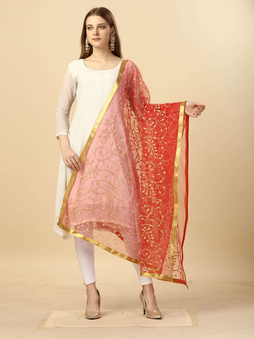 

Nimidiya Floral Embroidered Net Sequinned Dupatta, Red