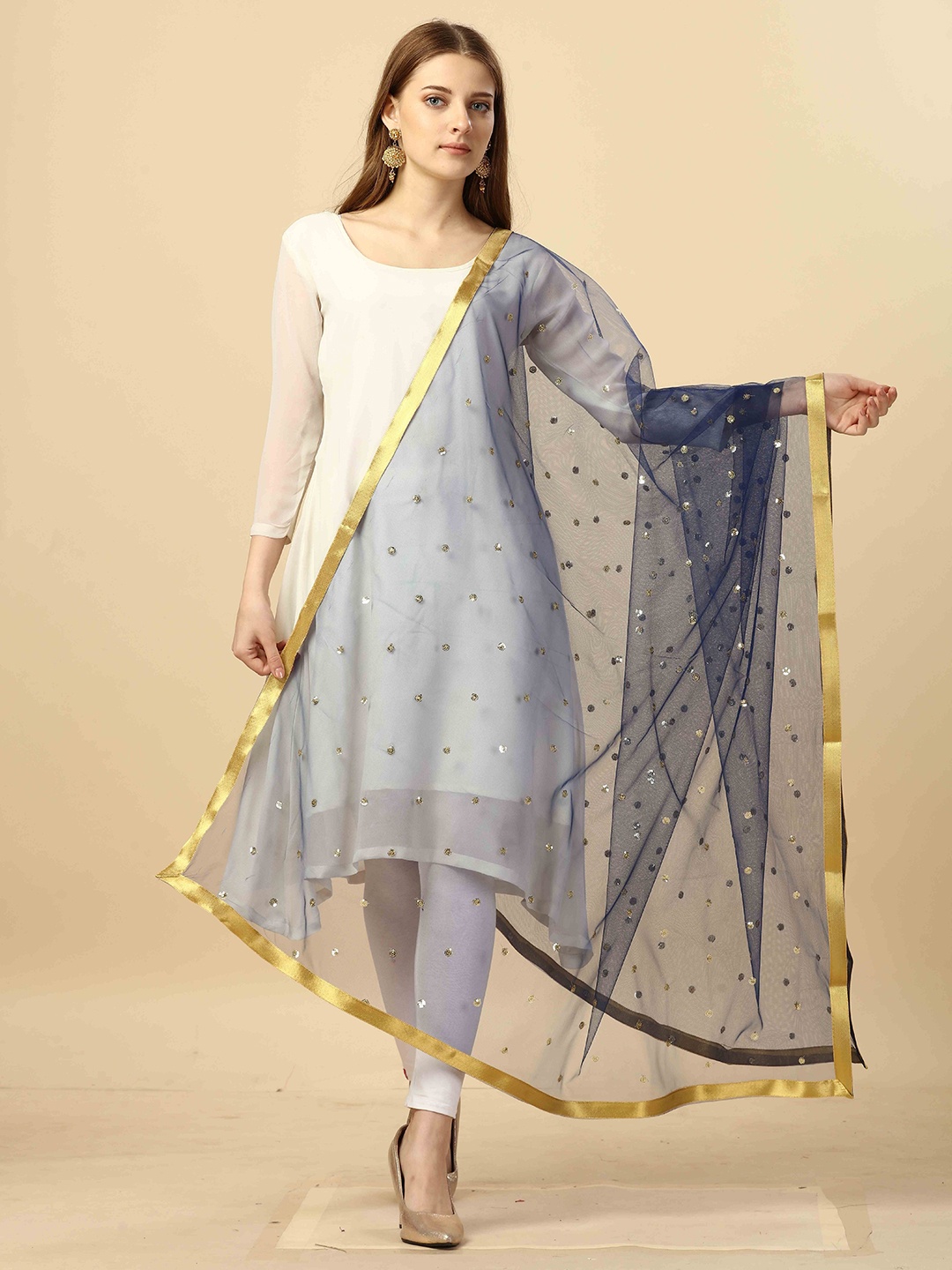 

Nimidiya Floral Embroidered Net Sequinned Dupatta, Navy blue
