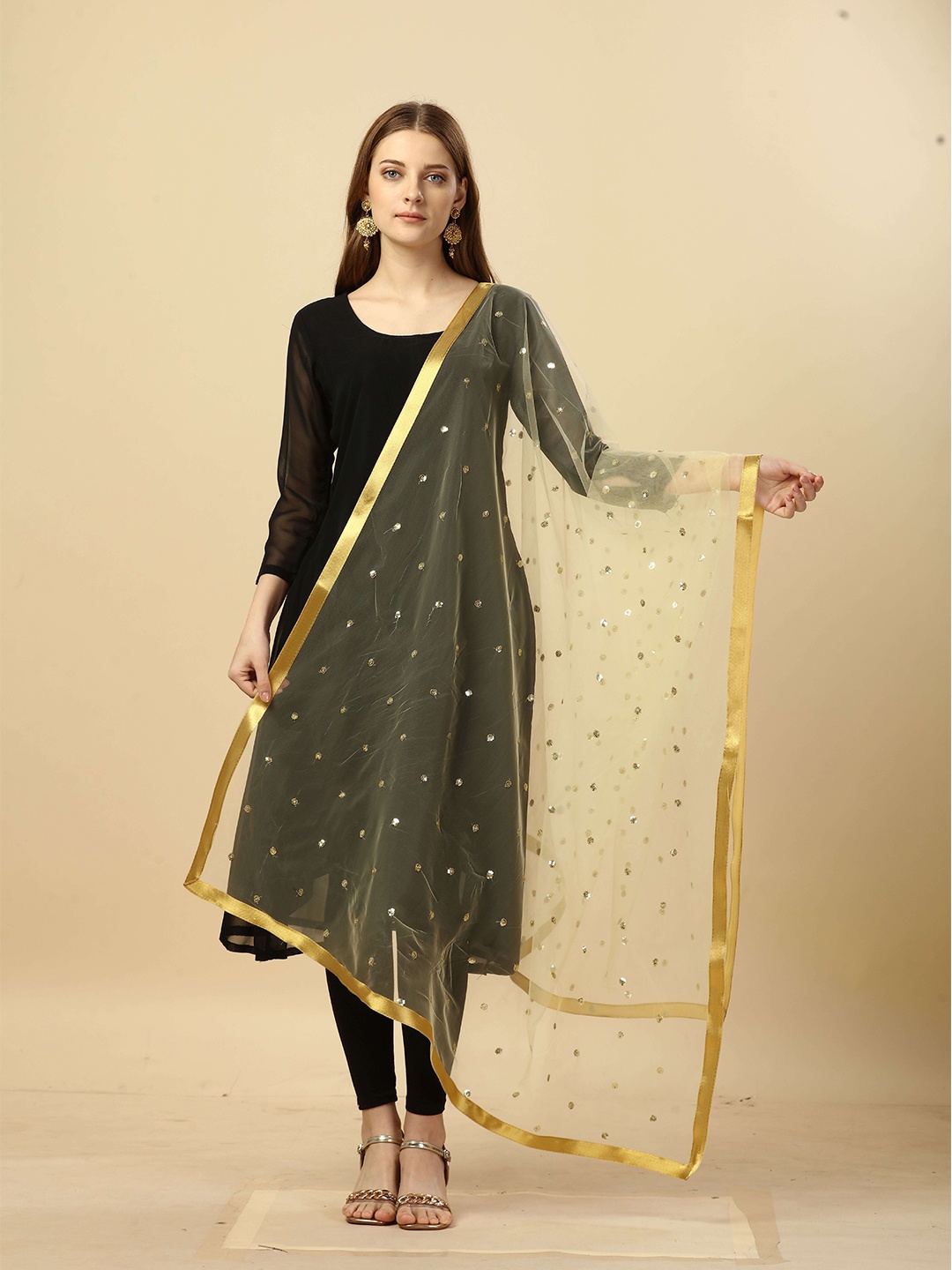 

Nimidiya Ethnic Motifs Embroidered Net Sequinned Dupatta, Beige
