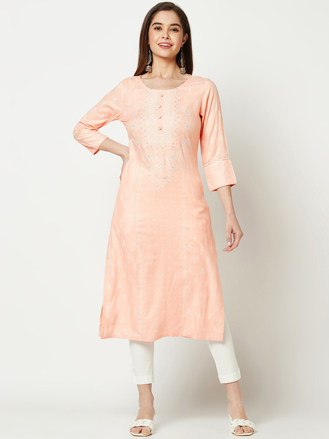 

IMARA Ethnic Motifs Printed Thread Work Straight Kurta with Trousers, Pink