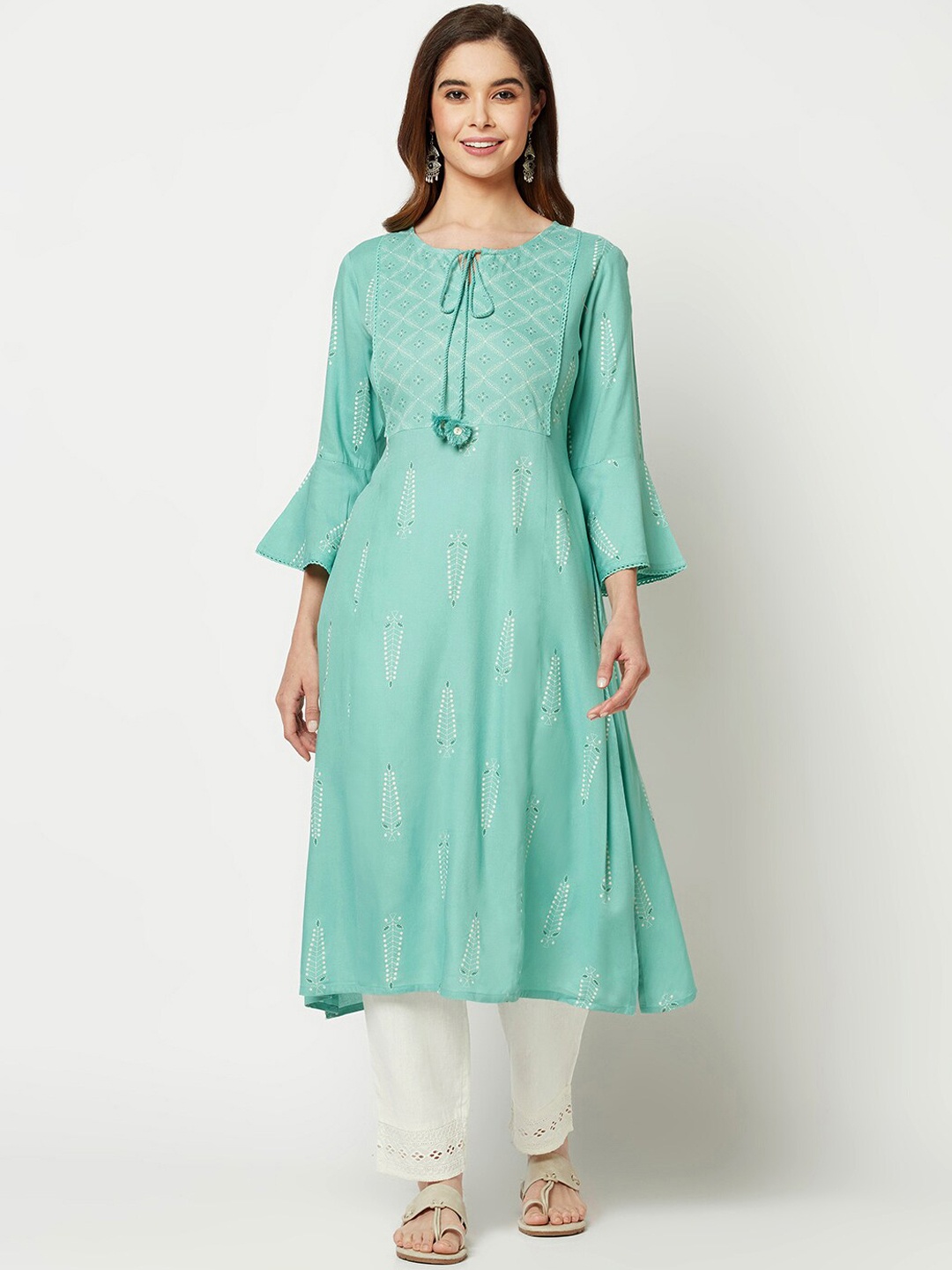 

IMARA Ethnic Motifs Printed Bell Sleeves Regular Kurta with Trousers, Green