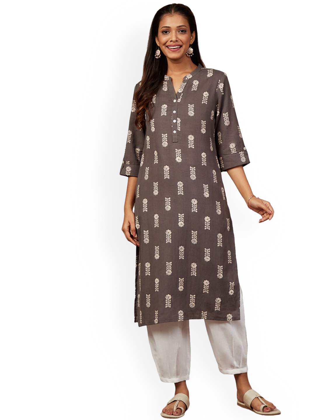 

IMARA Ethnic Motifs Printed Mandarin Collar Pure Cotton Regular Kurta with Trousers, Grey