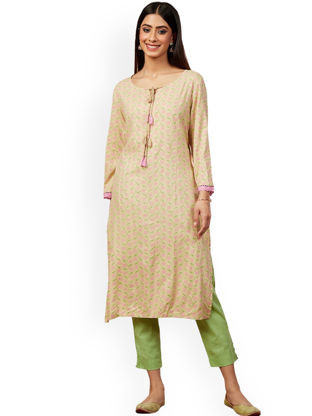 

IMARA Floral Printed Tie-Ups Neck Regular Kurta with Trousers, Beige