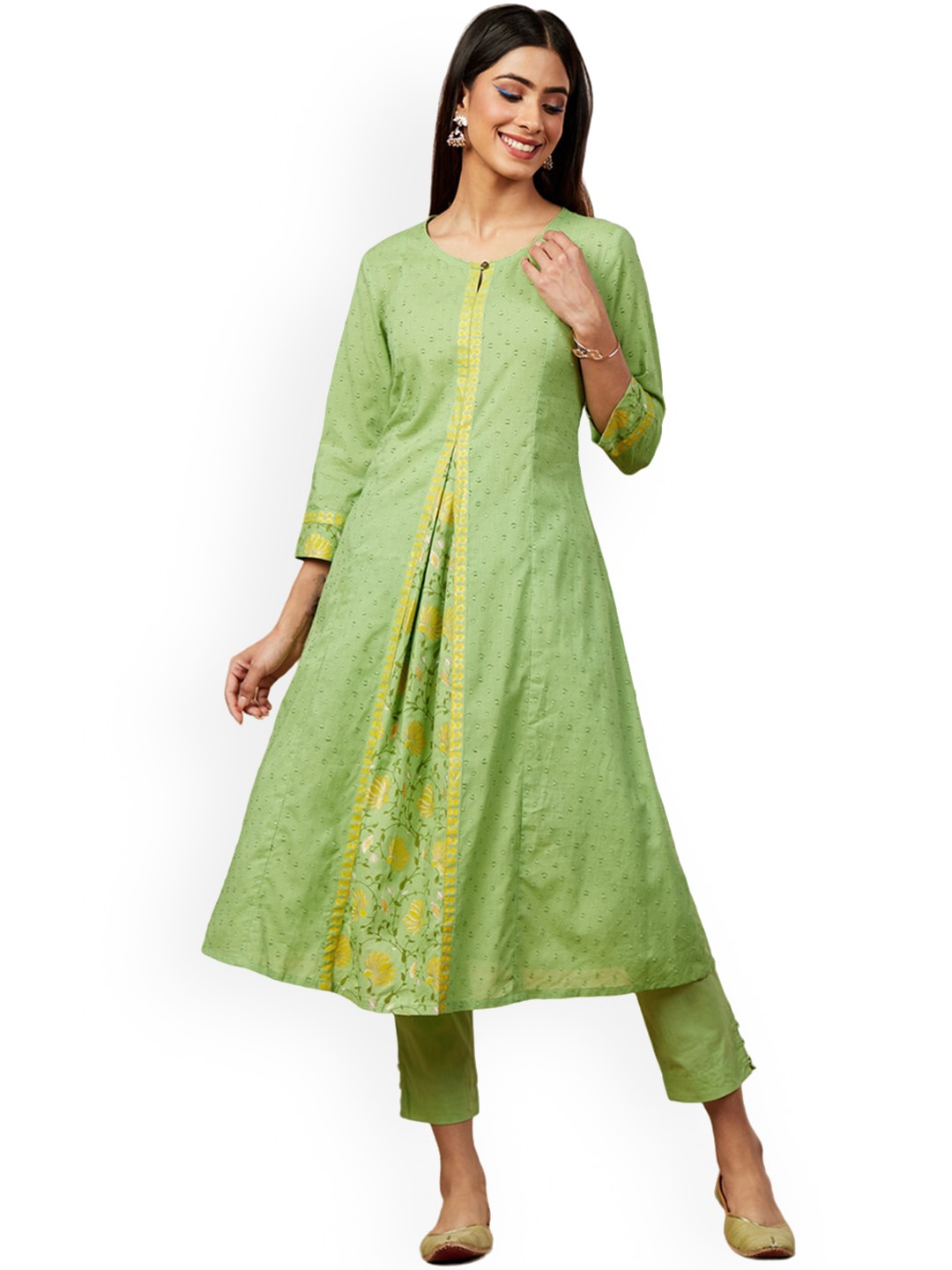 

IMARA Floral Printed Pure Cotton Pleated A-Line Kurta with Trousers, Lime green