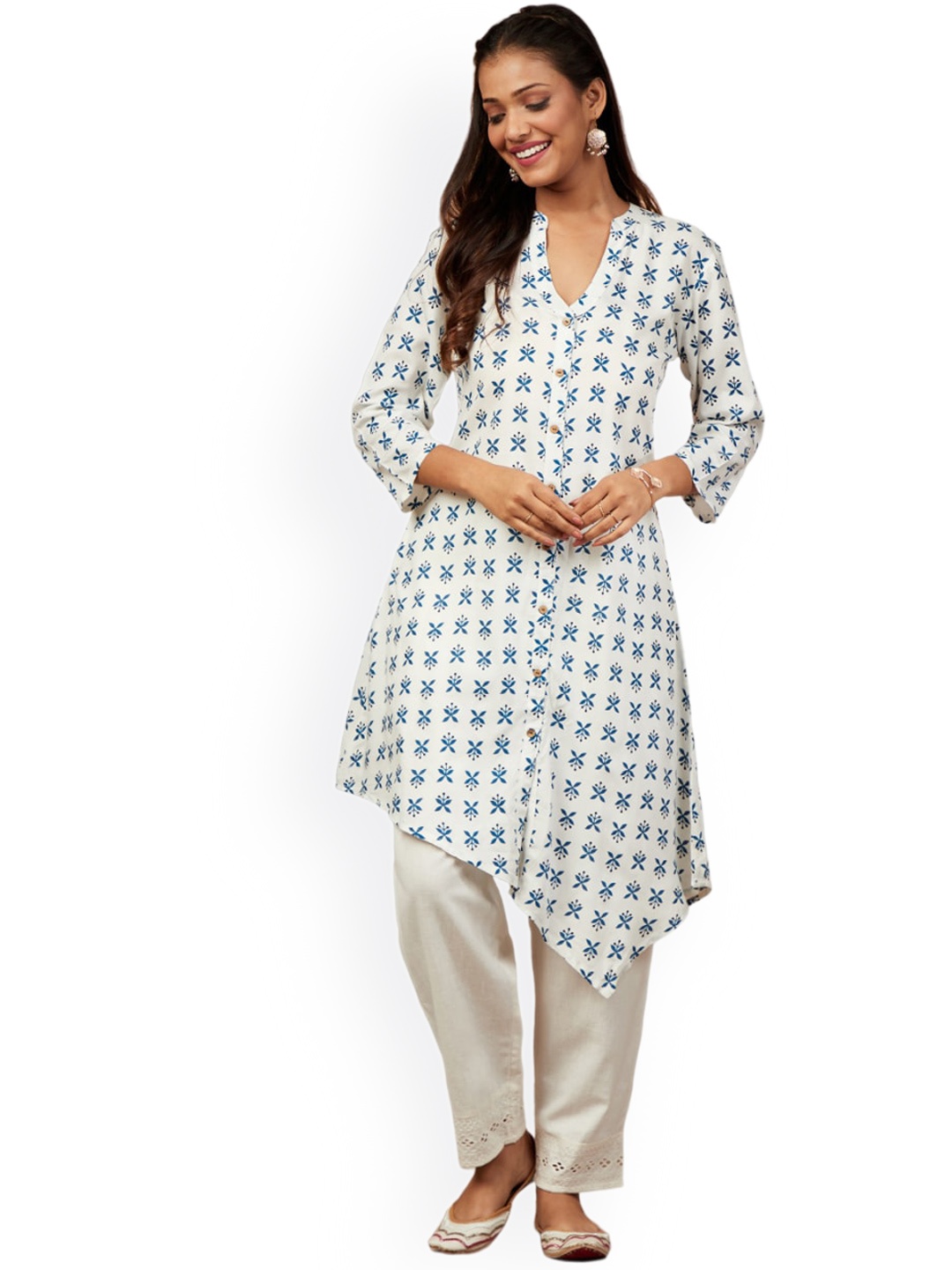 

IMARA Ethnic Motifs Printed Regular Pathani Pure Cotton Kurta with Trousers, Off white