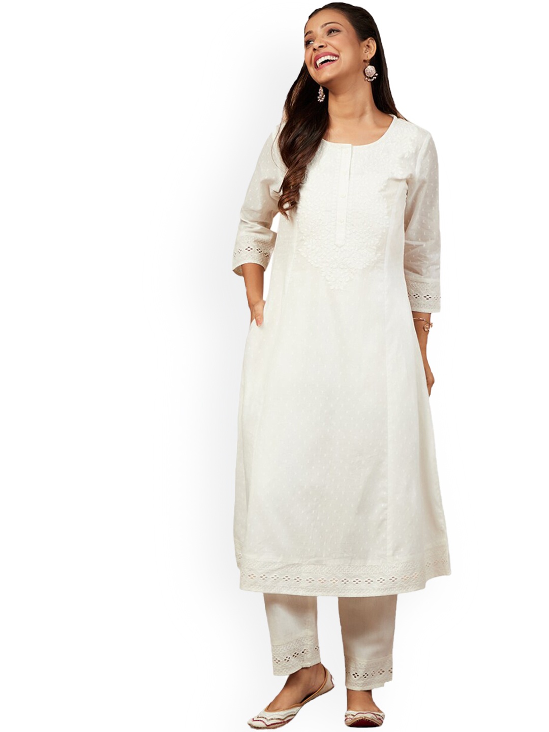 

IMARA Self Design Round Neck Pure Cotton Regular Kurta with Trousers, White