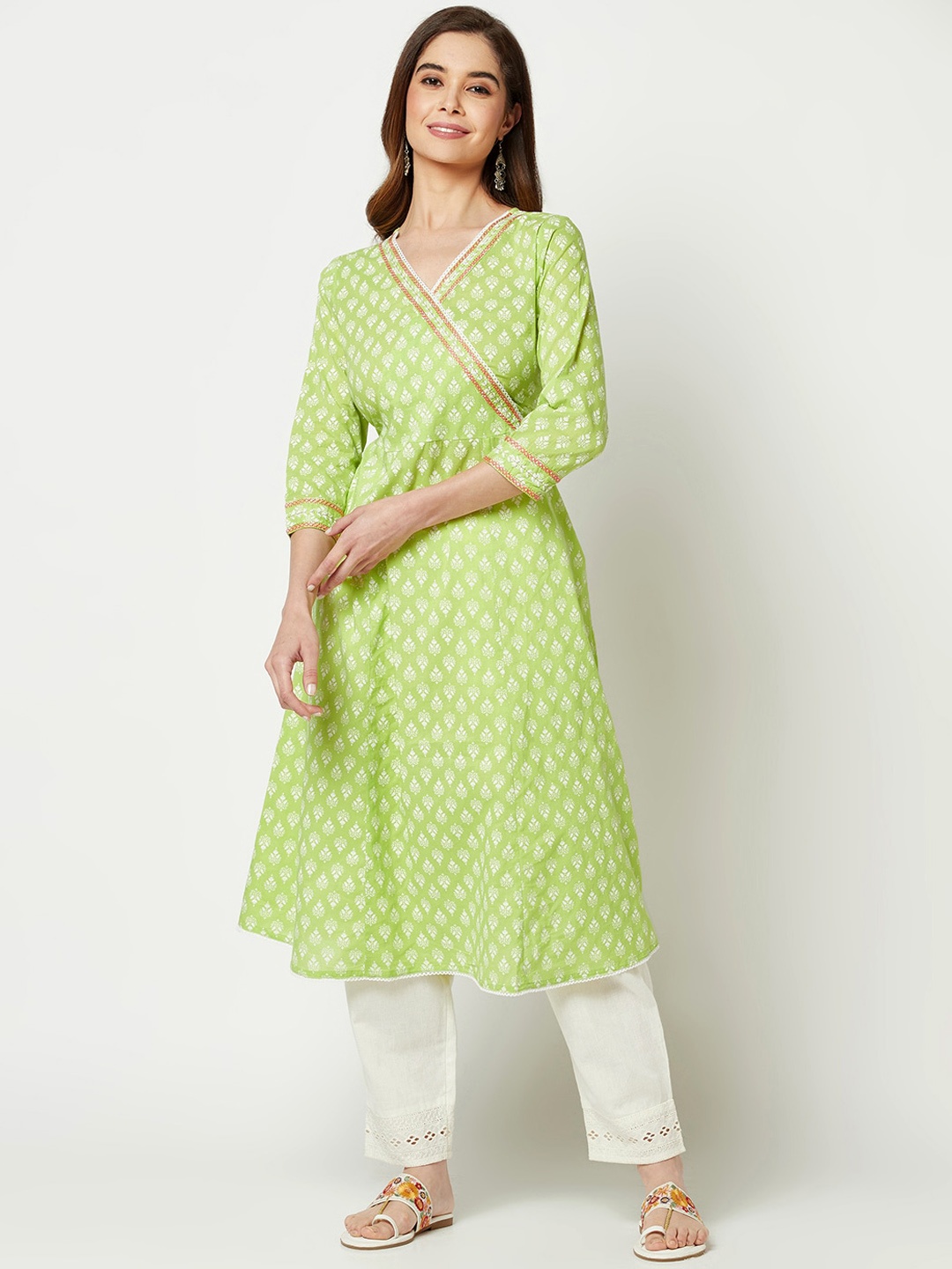

IMARA Ethnic Motifs Printed Angrakha A-Line Pure Cotton Kurta with Trousers, Lime green