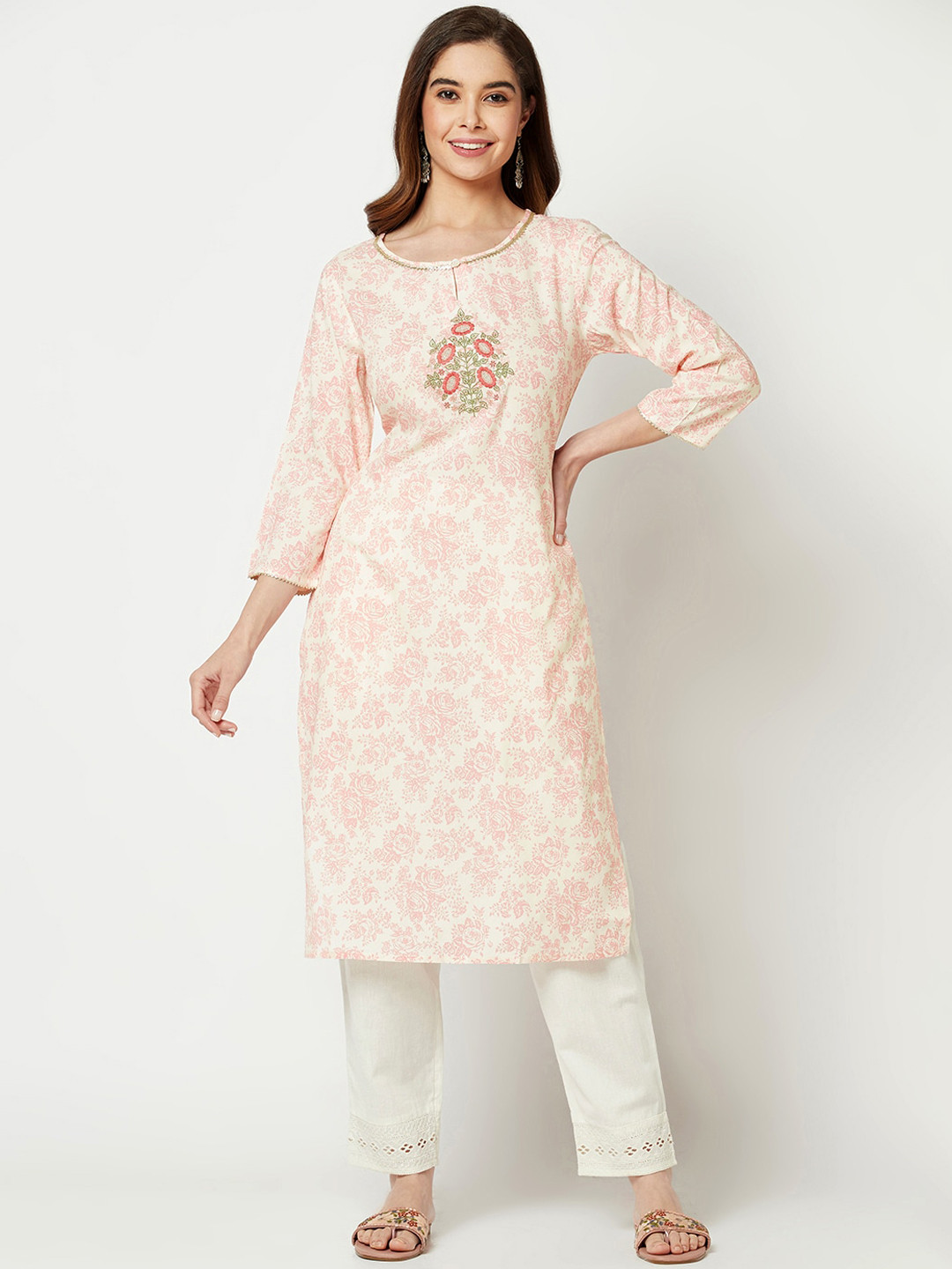 

IMARA Floral Emmbroidered Regular Kurta with Trousers, Pink