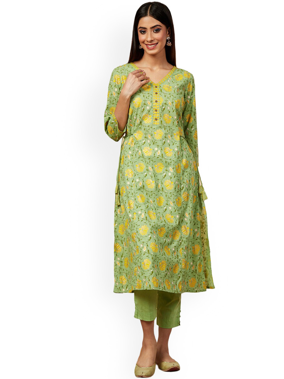 

IMARA Floral Printed Pure Cotton Regular Kurta with Trousers, Lime green