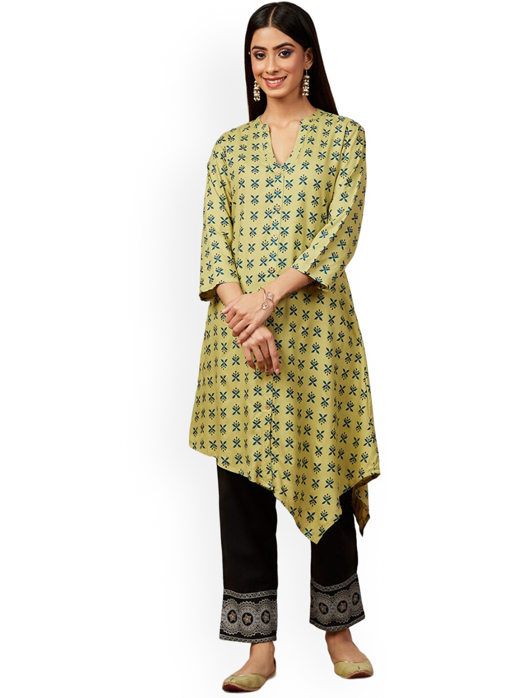 

IMARA Ethnic Motifs Printed Pure Cotton Regular Pathani Kurta with Trousers, Lime green