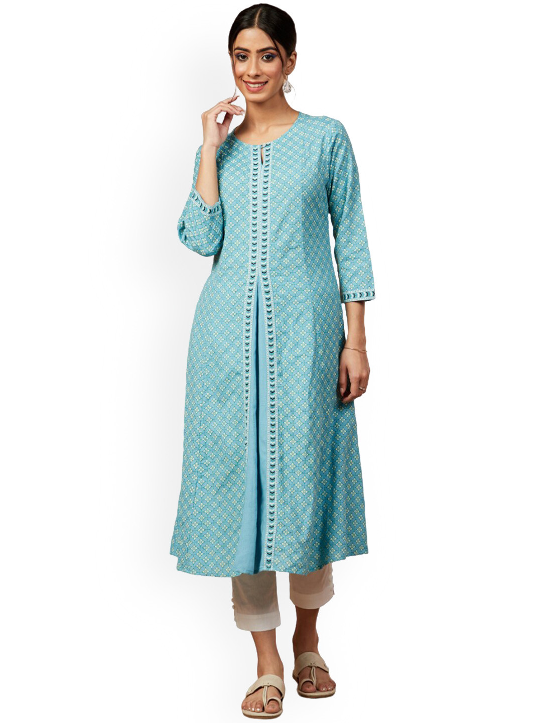 

IMARA Ethnic Motifs Printed Regular Kurta with Trousers, Blue