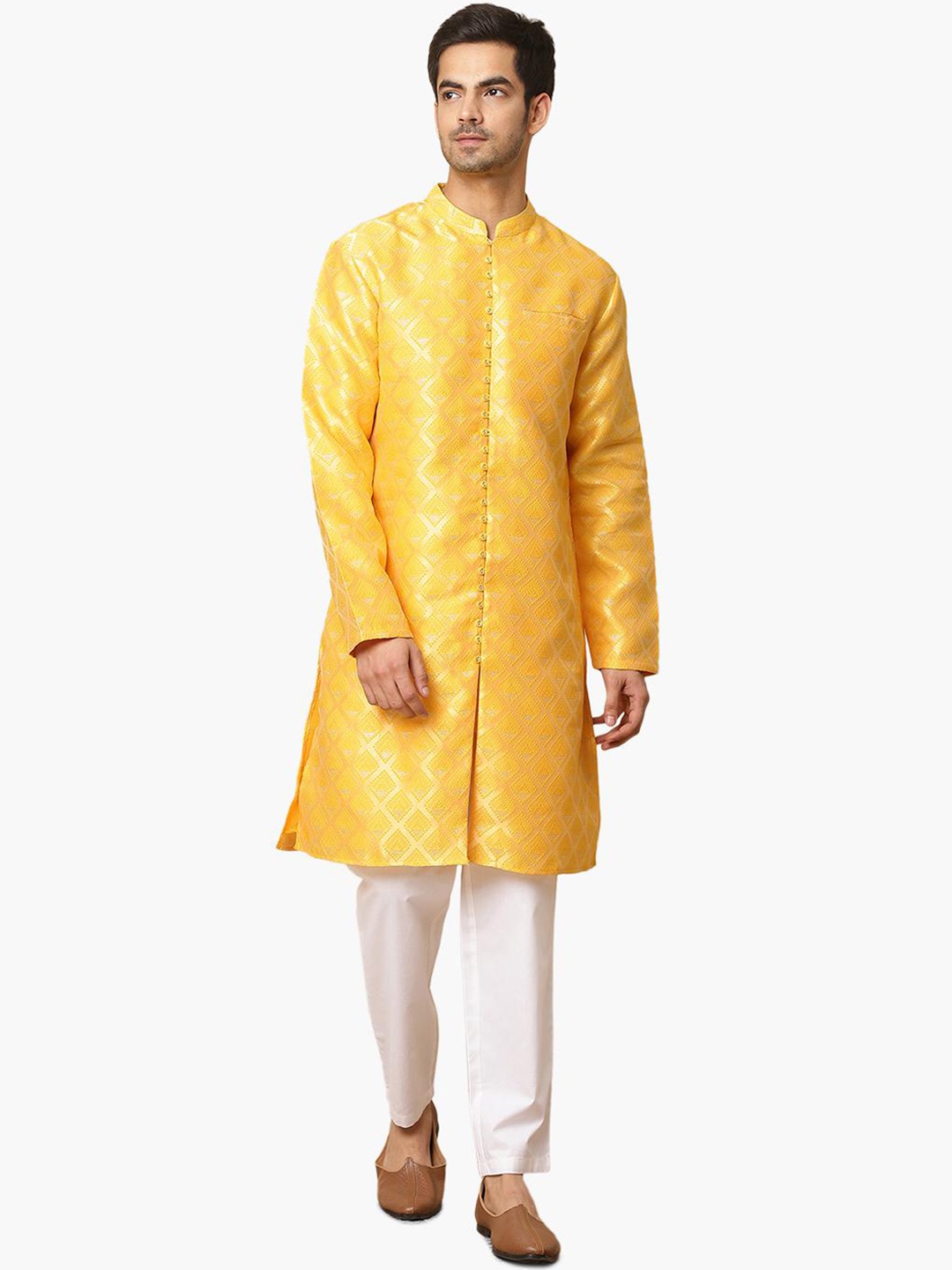 

Virgio Geometric Woven Design Kurta With Pyjamas, Yellow