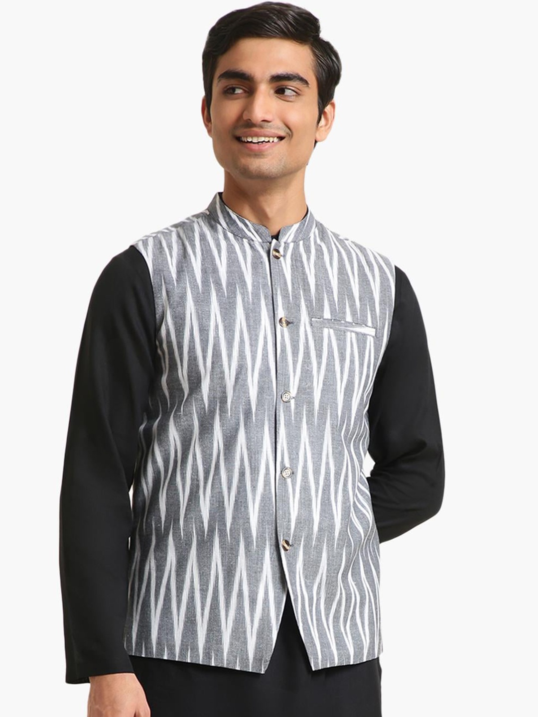 

Virgio Mandarin Collar Pure Cotton Kurta With Skirt & Nehru Jacket, Black