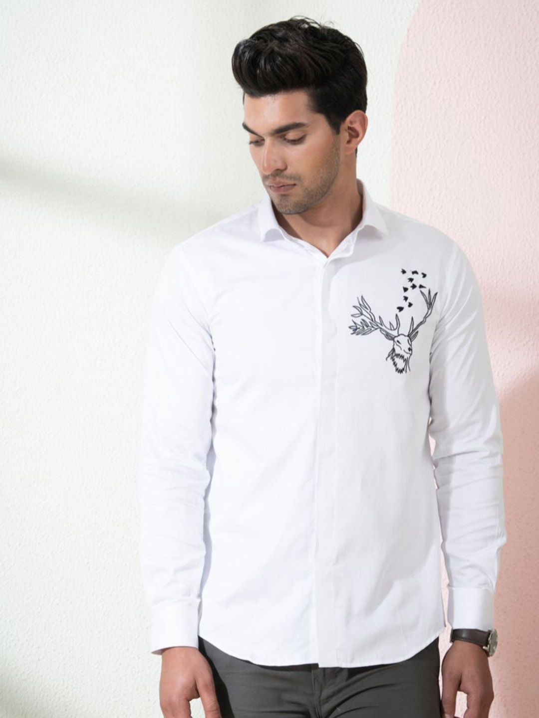 

HILO DESIGN Comfort Graphic Printed Cotton Casual Shirt, White