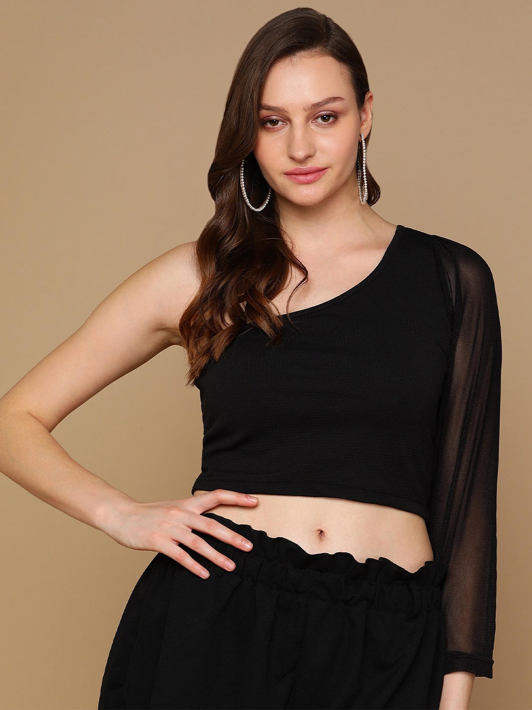 

Crazy SHE One Shoulder Regular Crop Top, Black