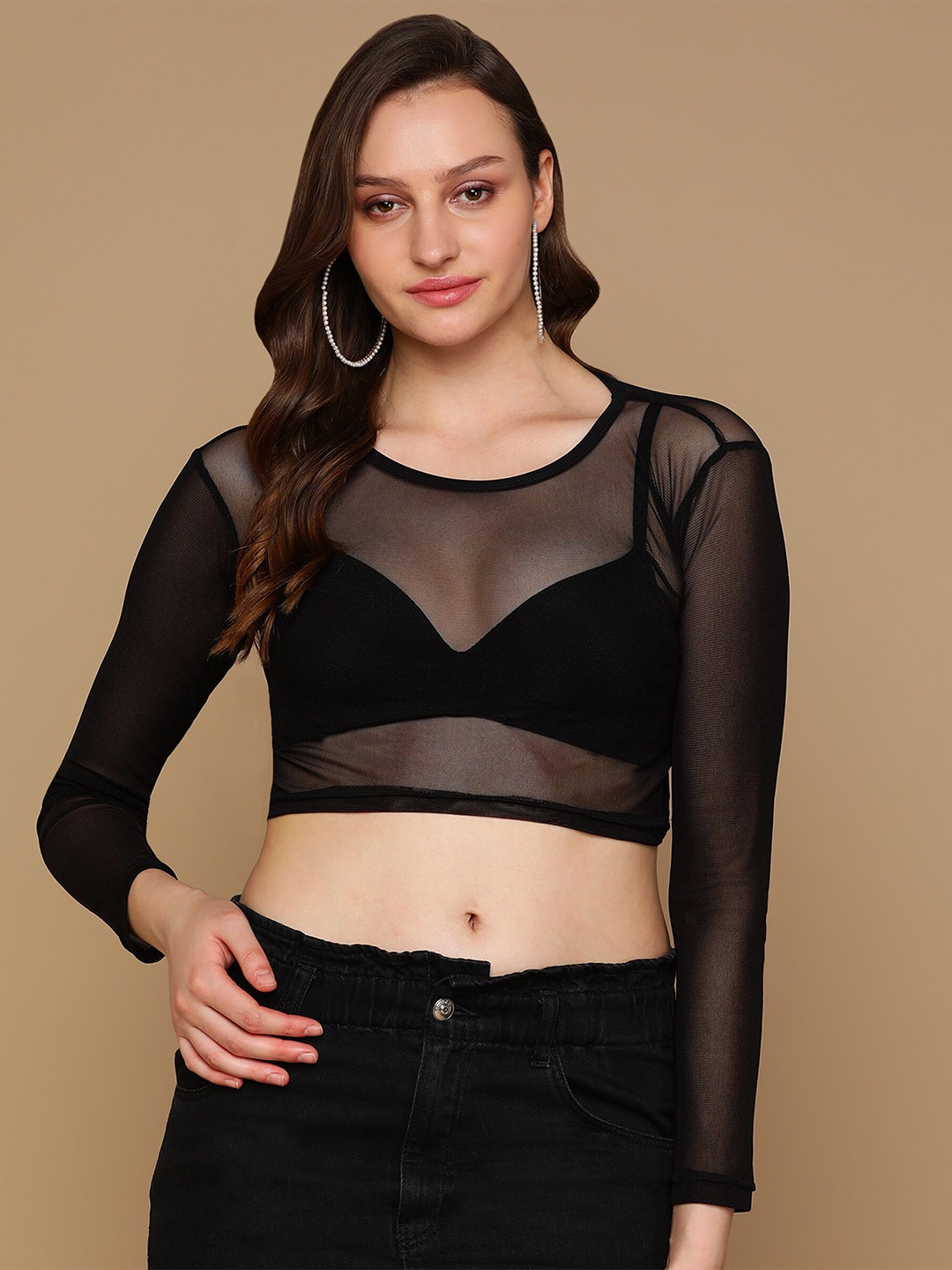 

Crazy SHE Long Sleeves Sheer Fitted Crop Top, Black