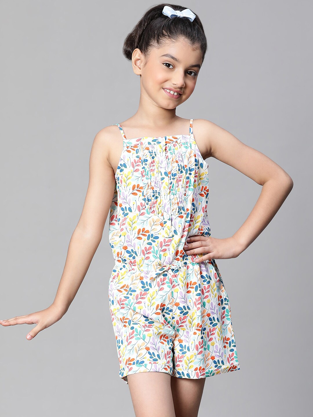 

Oxolloxo Girls Floral Print Shoulder Strap Elasticated Playsuit, White