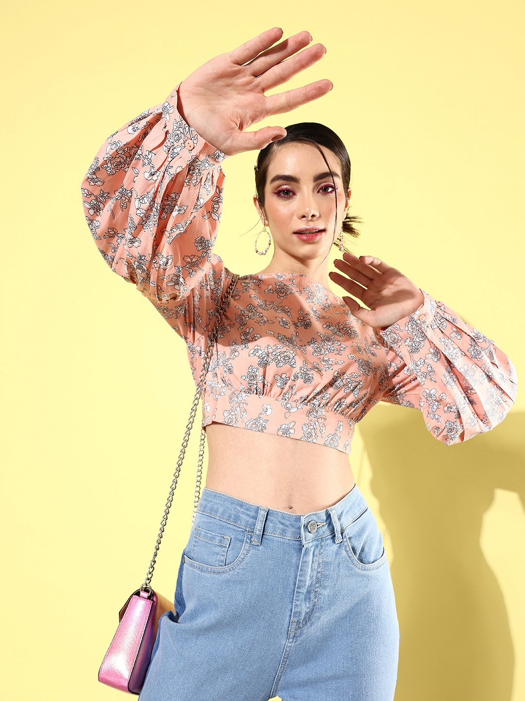 

QUIERO Floral Printed Puff Sleeve Crepe Blouson Crop Top, Peach