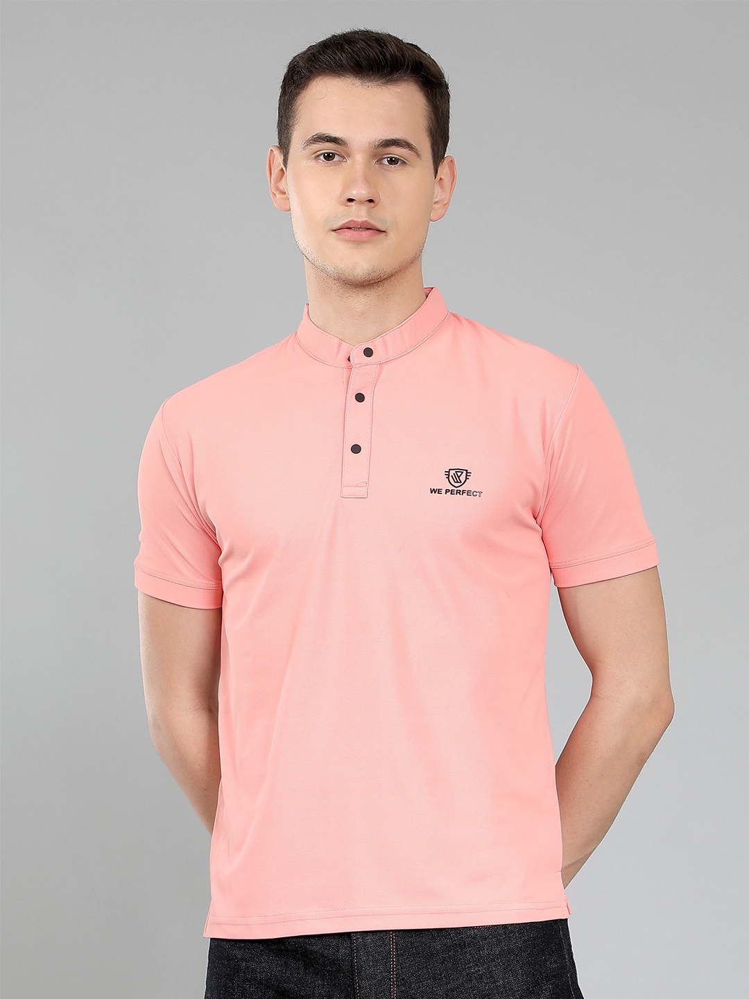 

WE PERFECT Mandarin Collar Dri Fit Casual T-shirt, Peach