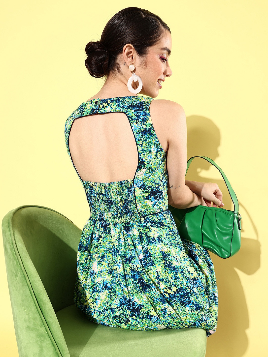 

QUIERO Abstract Printed Crepe A-Line Mini Dress, Green