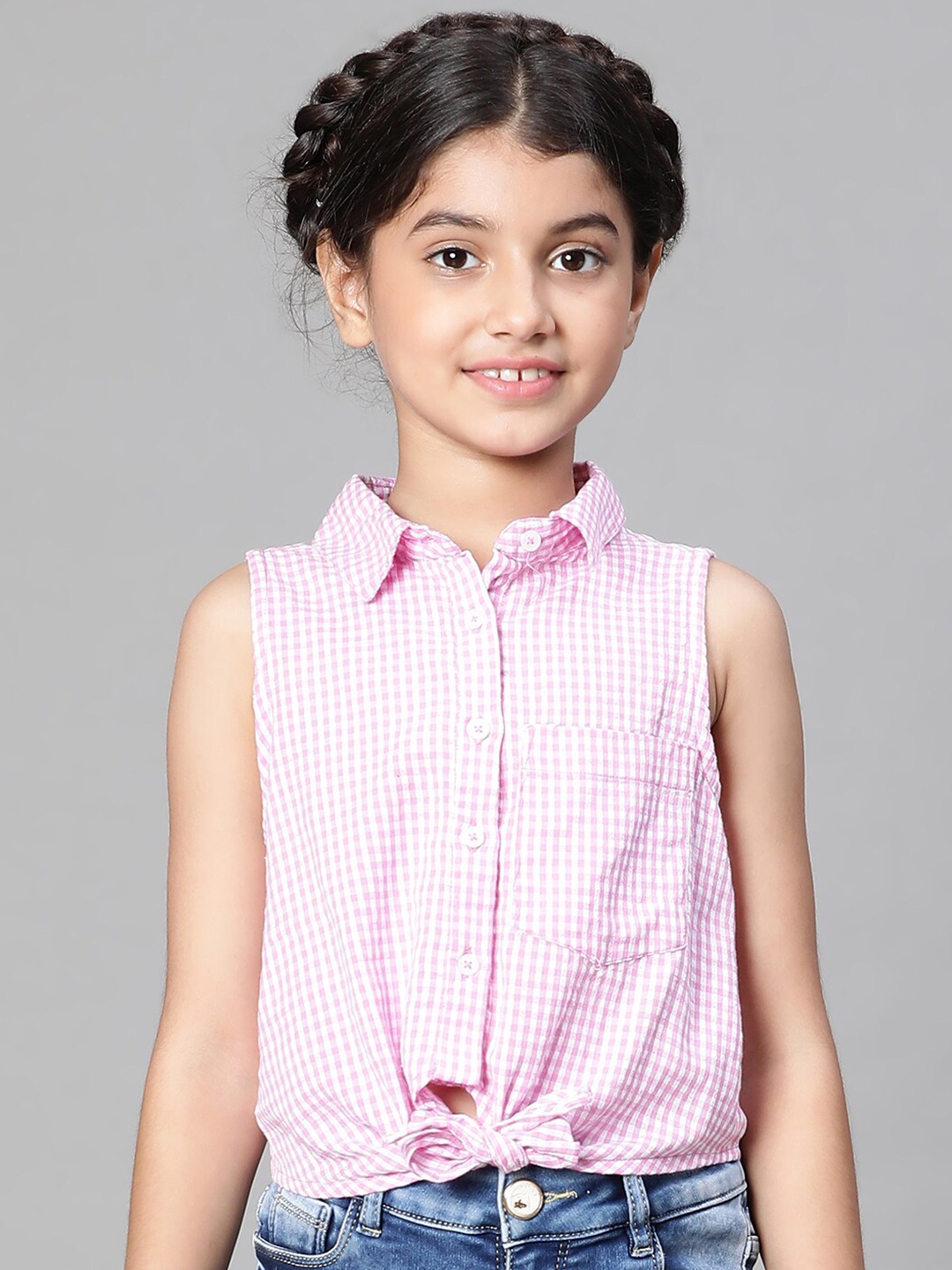 

Oxolloxo Girls Gingham Checked Knot Detail Cotton Casual Shirt, Purple