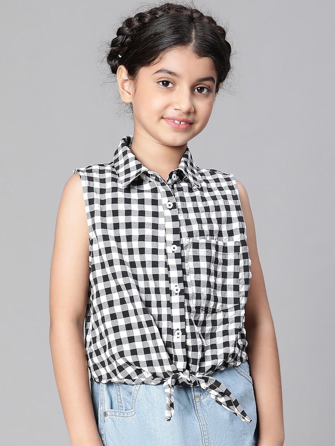 

Oxolloxo Girls Check Print Collared Tie-Up Cotton Shirt, Black