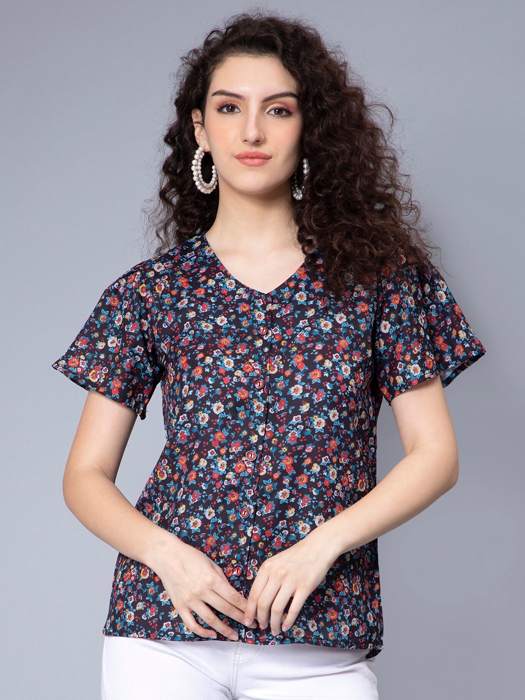 

Nirkhi Floral Printed Shirt Style Top, Black