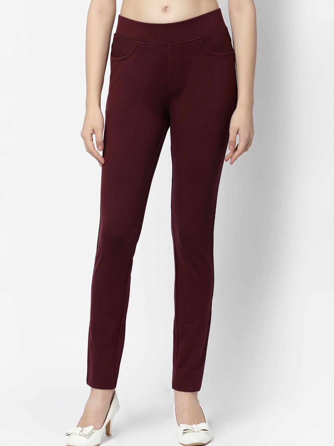

Prag & Co Women Skinny Fit Cotton Treggings, Maroon