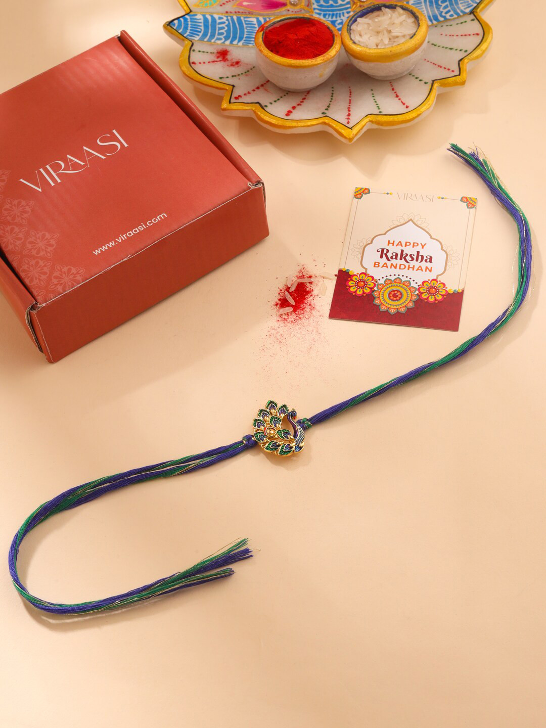 

VIRAASI Peacock Motif Rakhi With Roli Chawal & Card, Gold