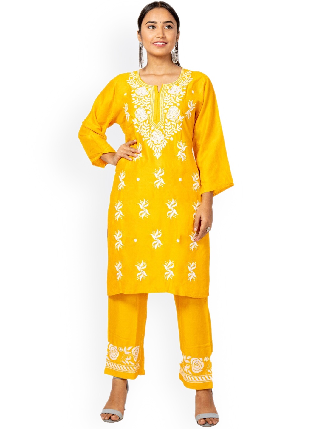 

FAWOMENT Floral Embroidered Chikankari Kurta With Palazzos, Yellow