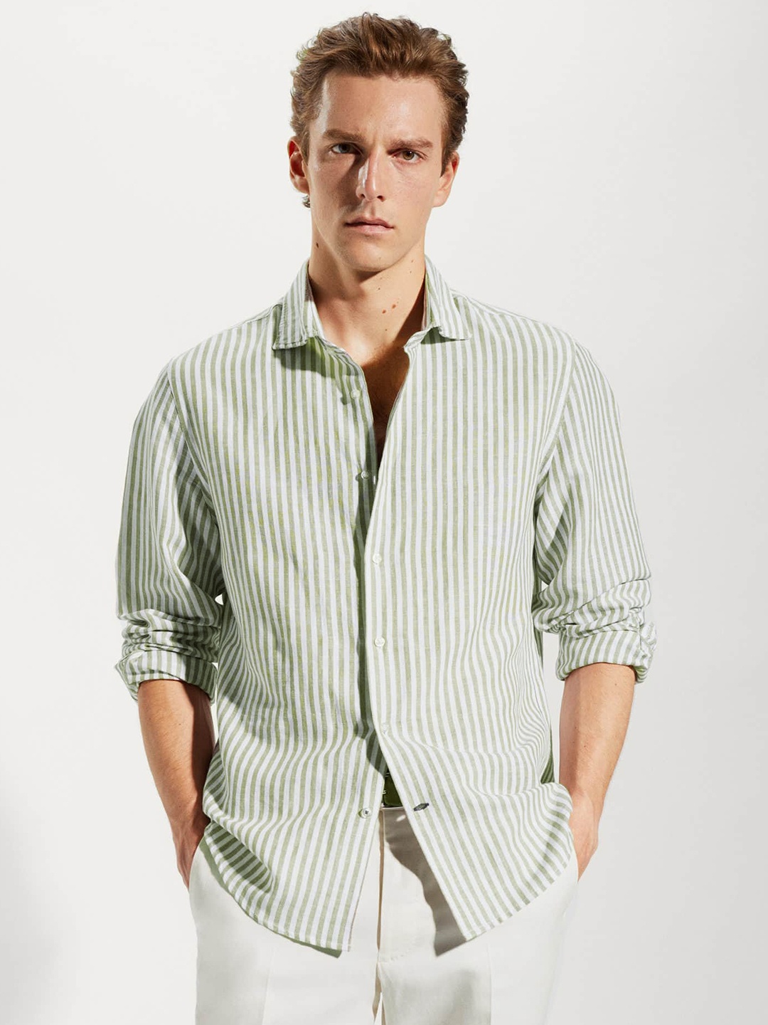 

MANGO MAN Slim Fit Striped Cotton Linen Shirt, White