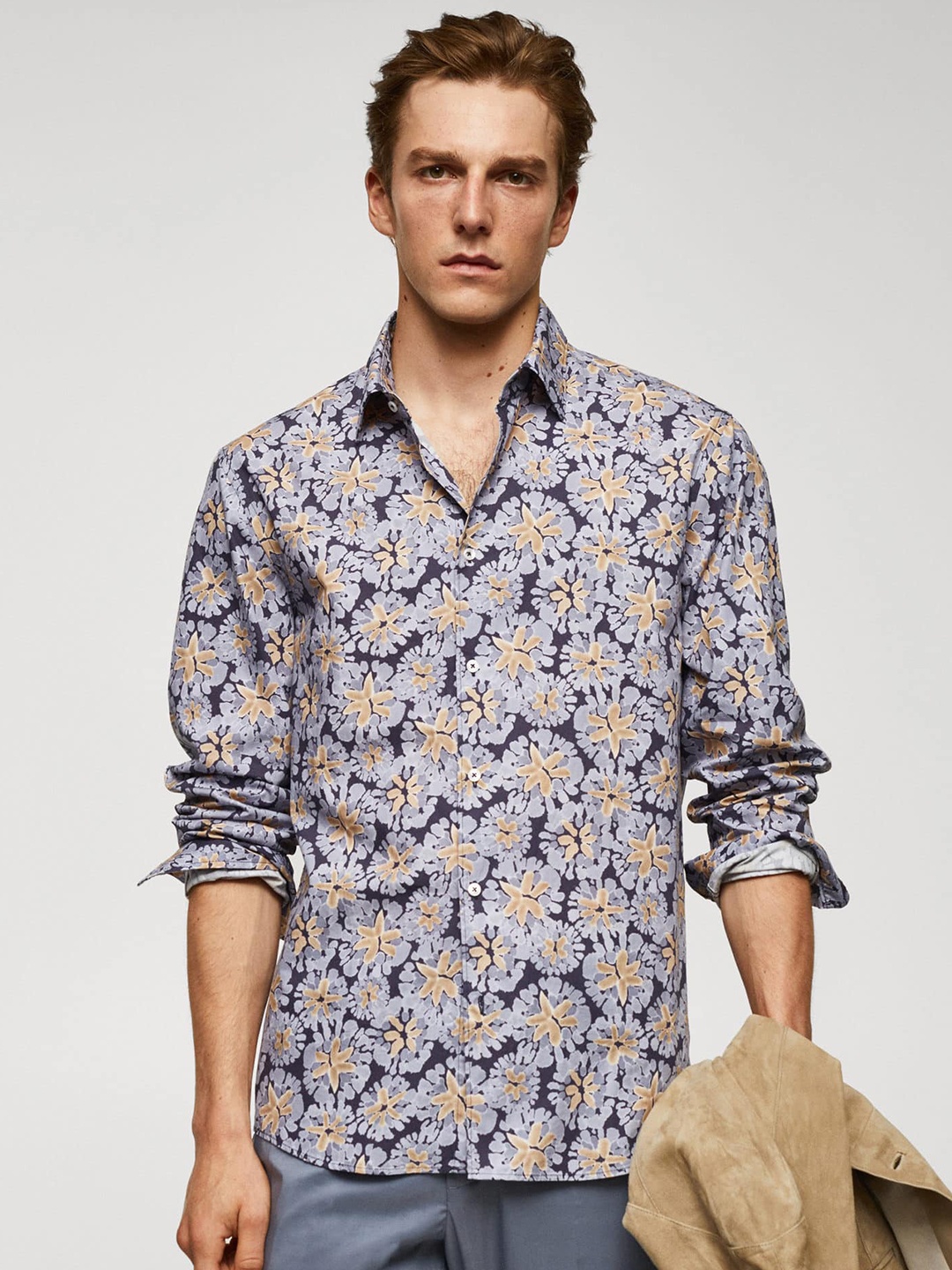 

MANGO MAN Floral Print Pure Cotton Shirt, Navy blue