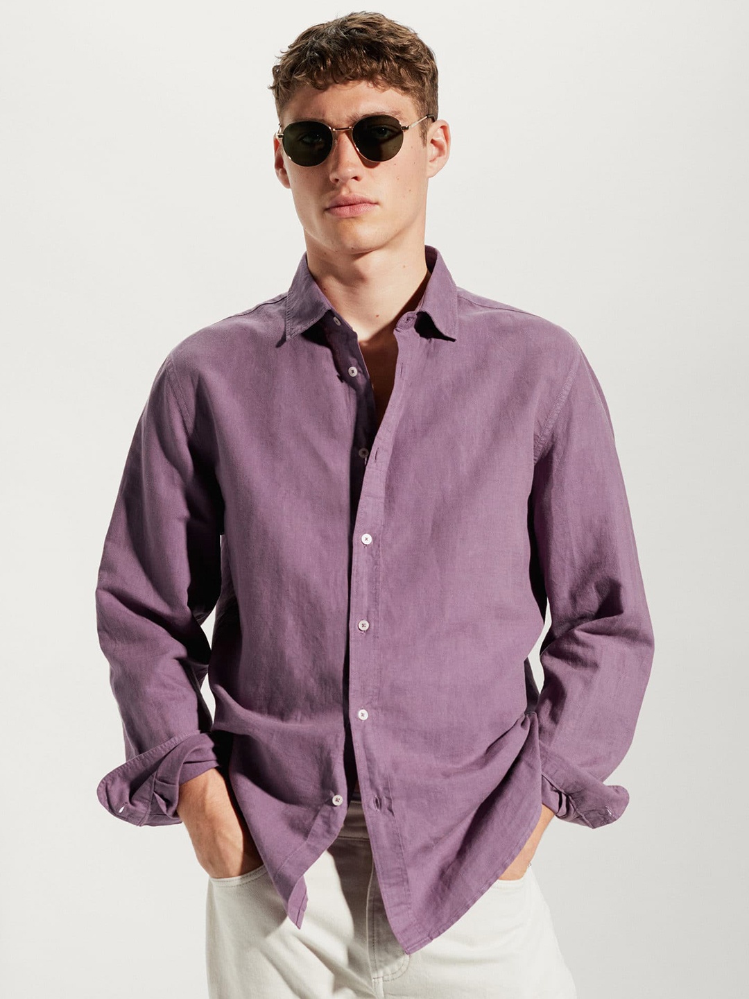 

MANGO MAN Cotton Linen Casual Shirt, Purple