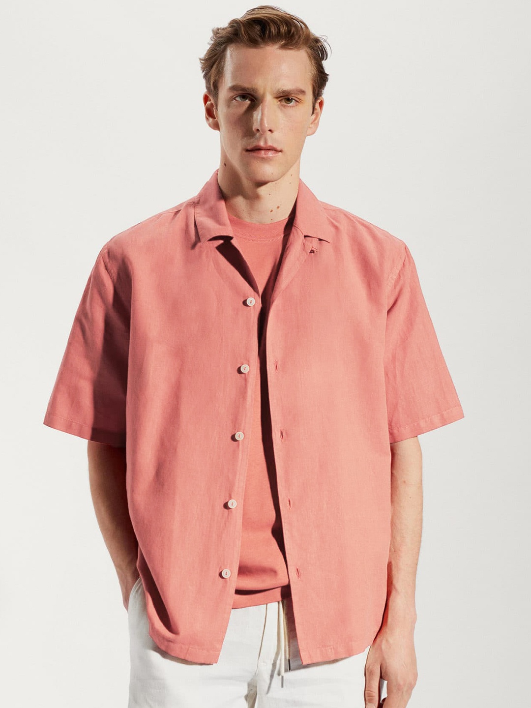 

MANGO MAN Cotton Linen Casual Shirt, Coral