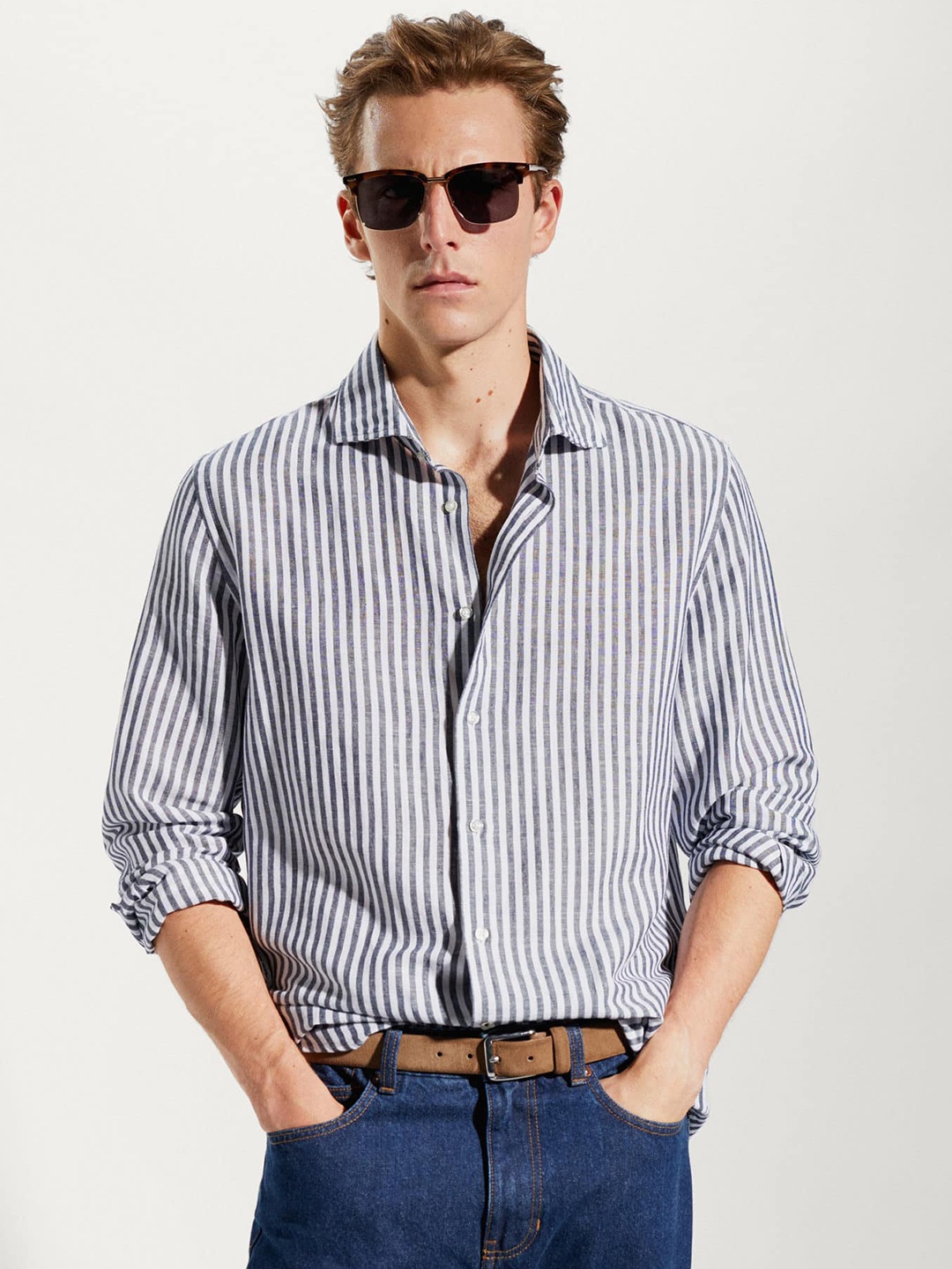 

MANGO MAN Striped Cotton Linen Shirt, White