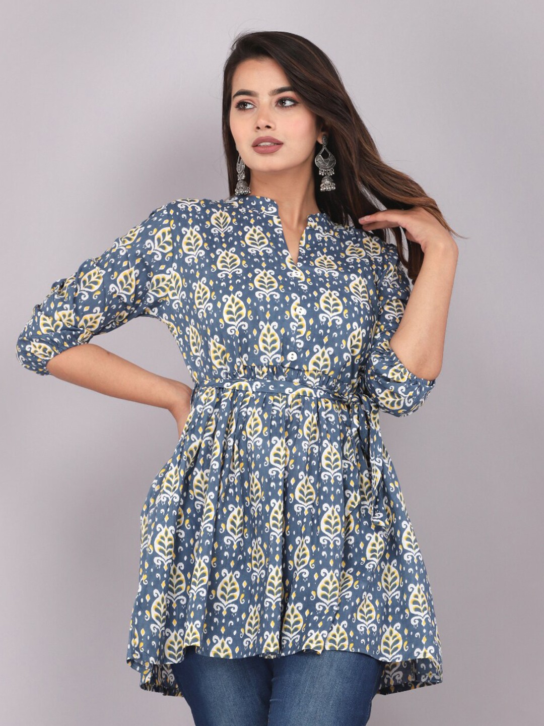 

KALINI Floral Printed Mandarin Collar Cotton Tunic, Blue