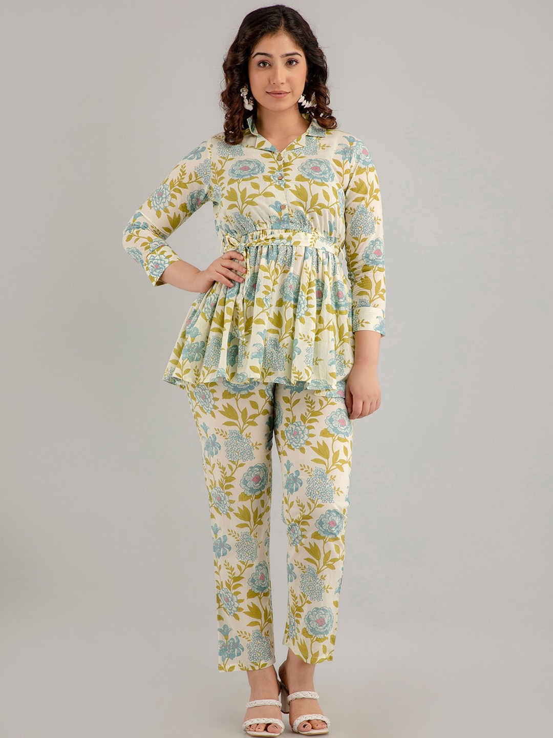 

CKM Floral Printed Pure Cotton Top With Trousers, Beige