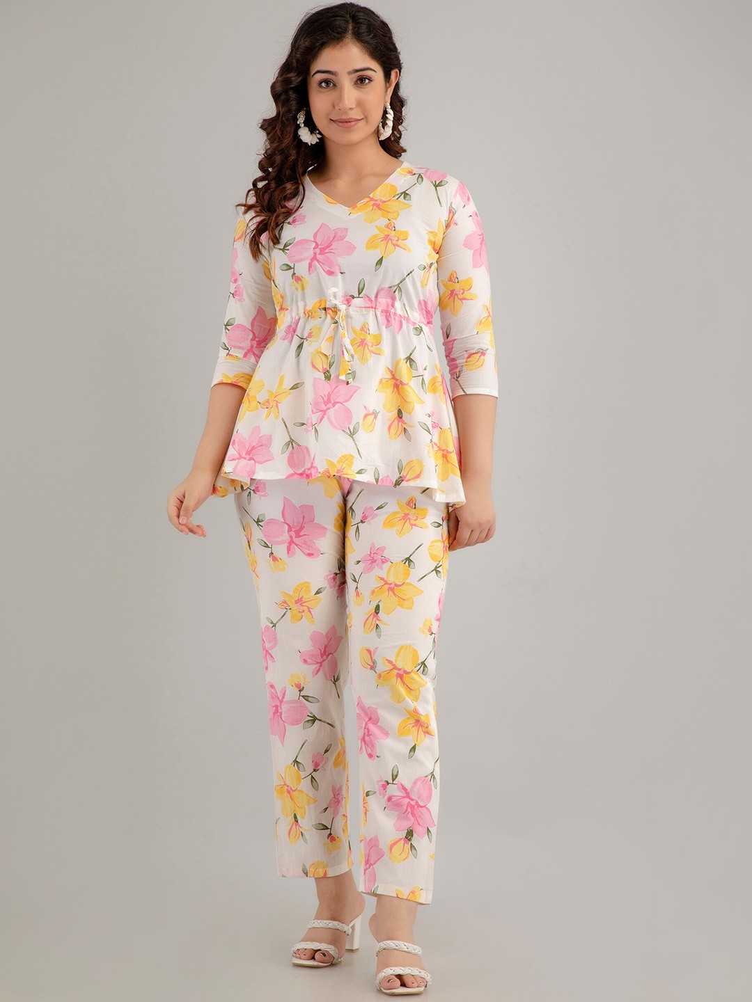 

CKM Floral Printed Pure Cotton Top With Trousers, Off white