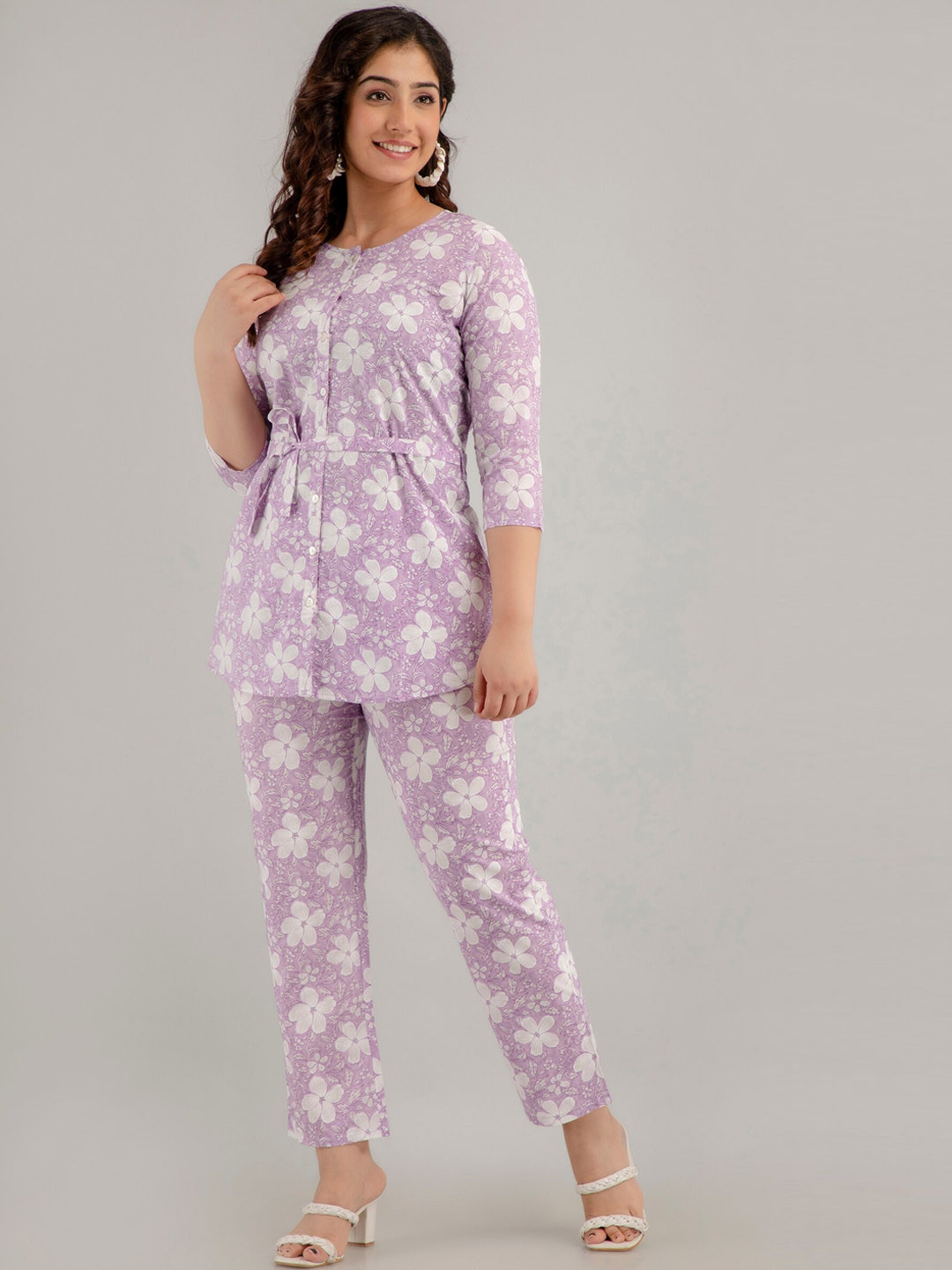 

CKM Floral Printed Pure Cotton Top With Trousers, Lavender