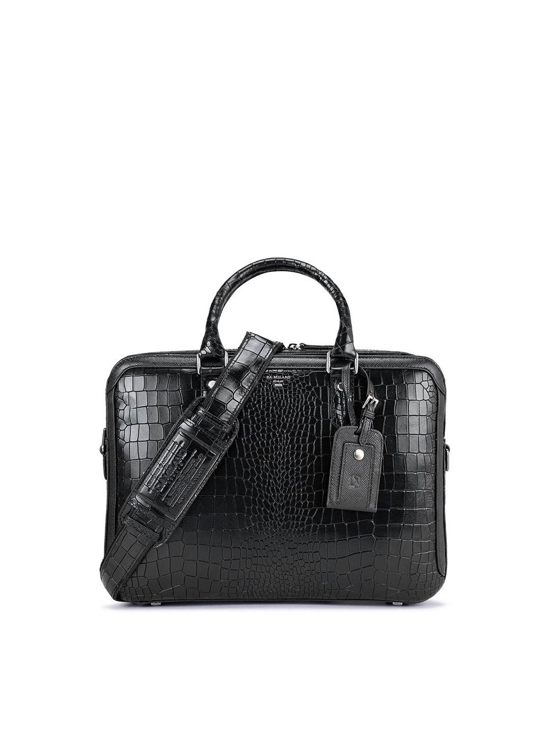 

Da Milano Women Textured Leather Laptop Bag, Black